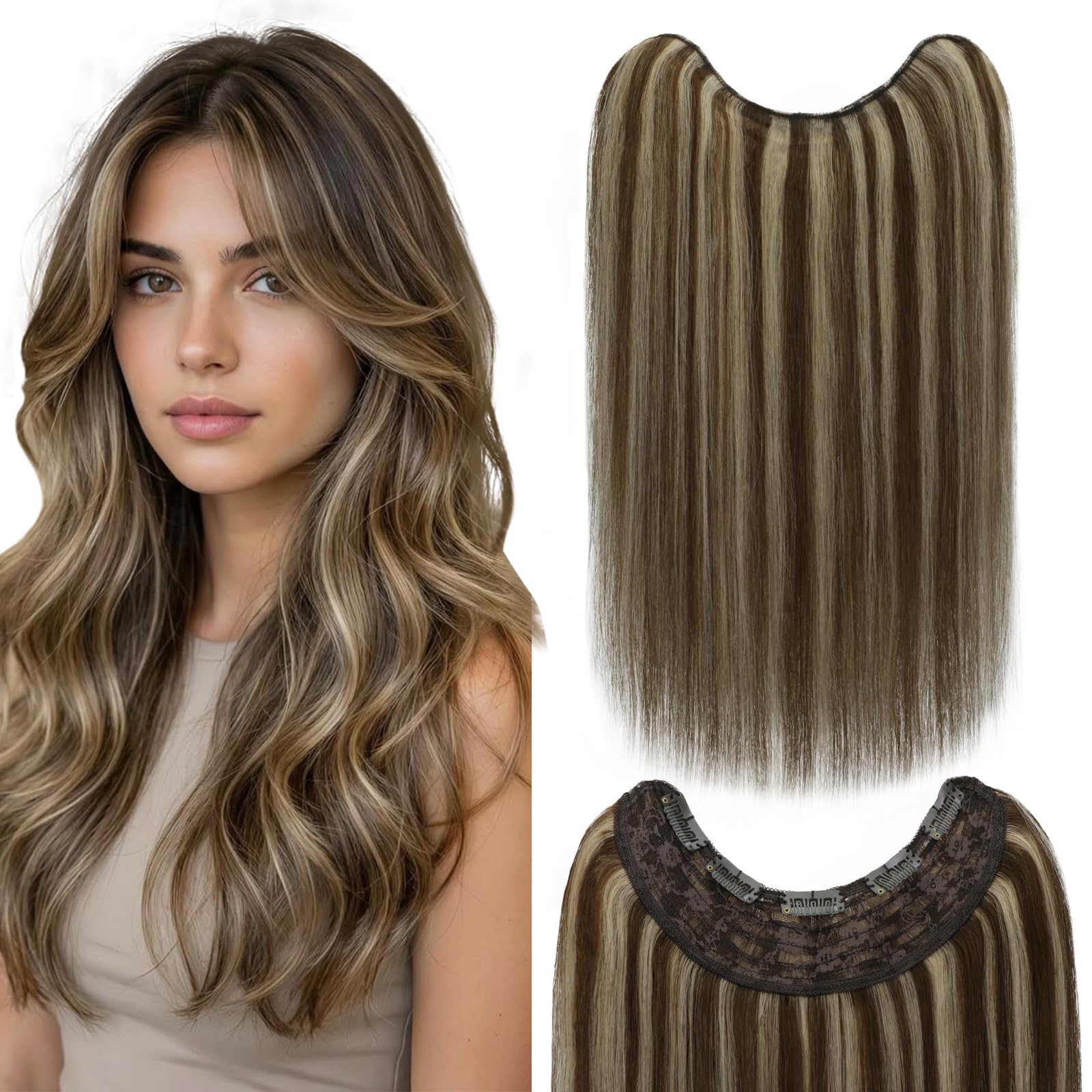 VINBAO U-Shaped Weft Clip in Hair Extensions Dark Brown with Blonde #4P/27 Chocolate Brown Highlights Caramel Blonde 16 Inch-Onepiece
