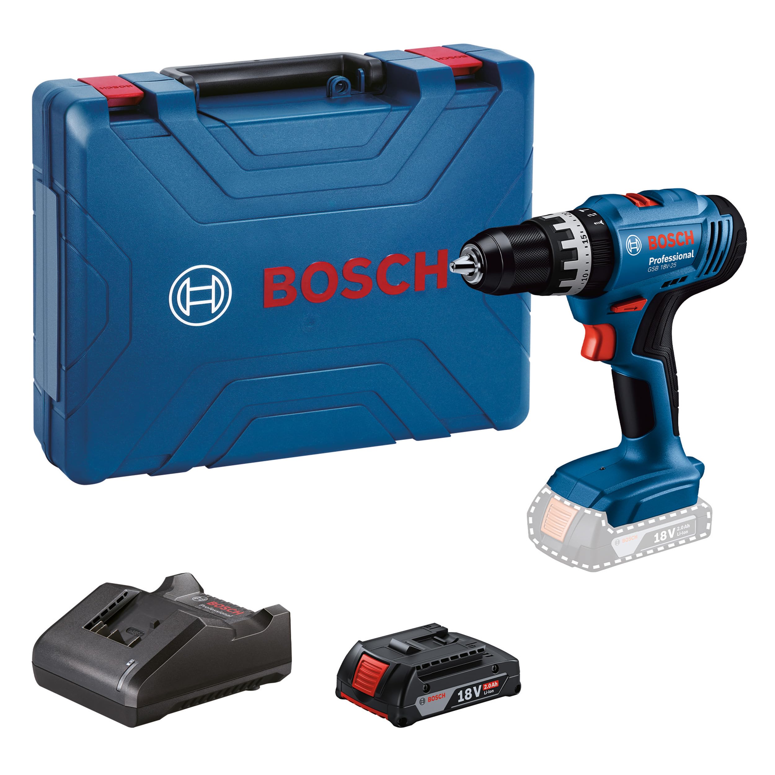 Bosch Professional 18V System Taladro Percutor a Batería GSB 18V-25 (Ø máx. del tornillo 10 mm, incl. 1 GBA 18V 2.0Ah, 1 GAL 18V-20, maletín de transporte)