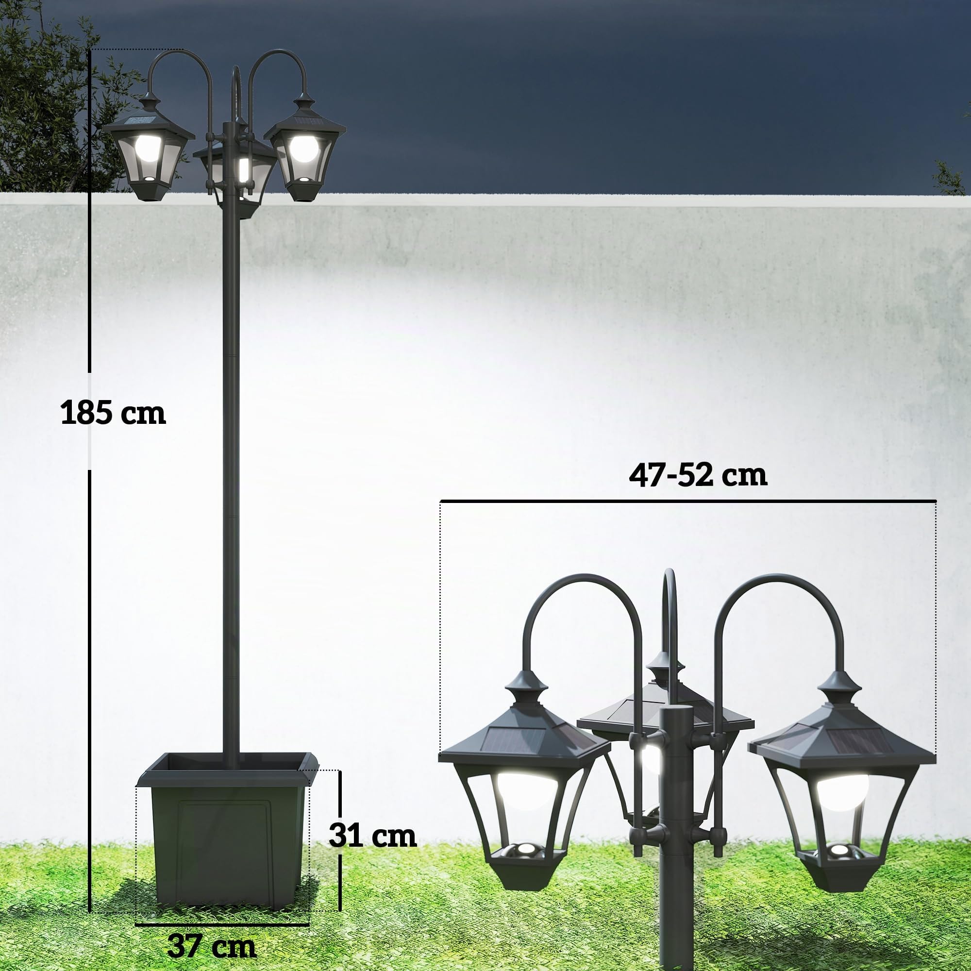 Outsunny Lampione da Giardino Solare a 3 Teste 1.85 m Altezza Regolabile | Lampada da Giardino in Acciaio Inox, Accensione/Spegnimento Automatico, Impermeabile, per Esterno Patio Cortile