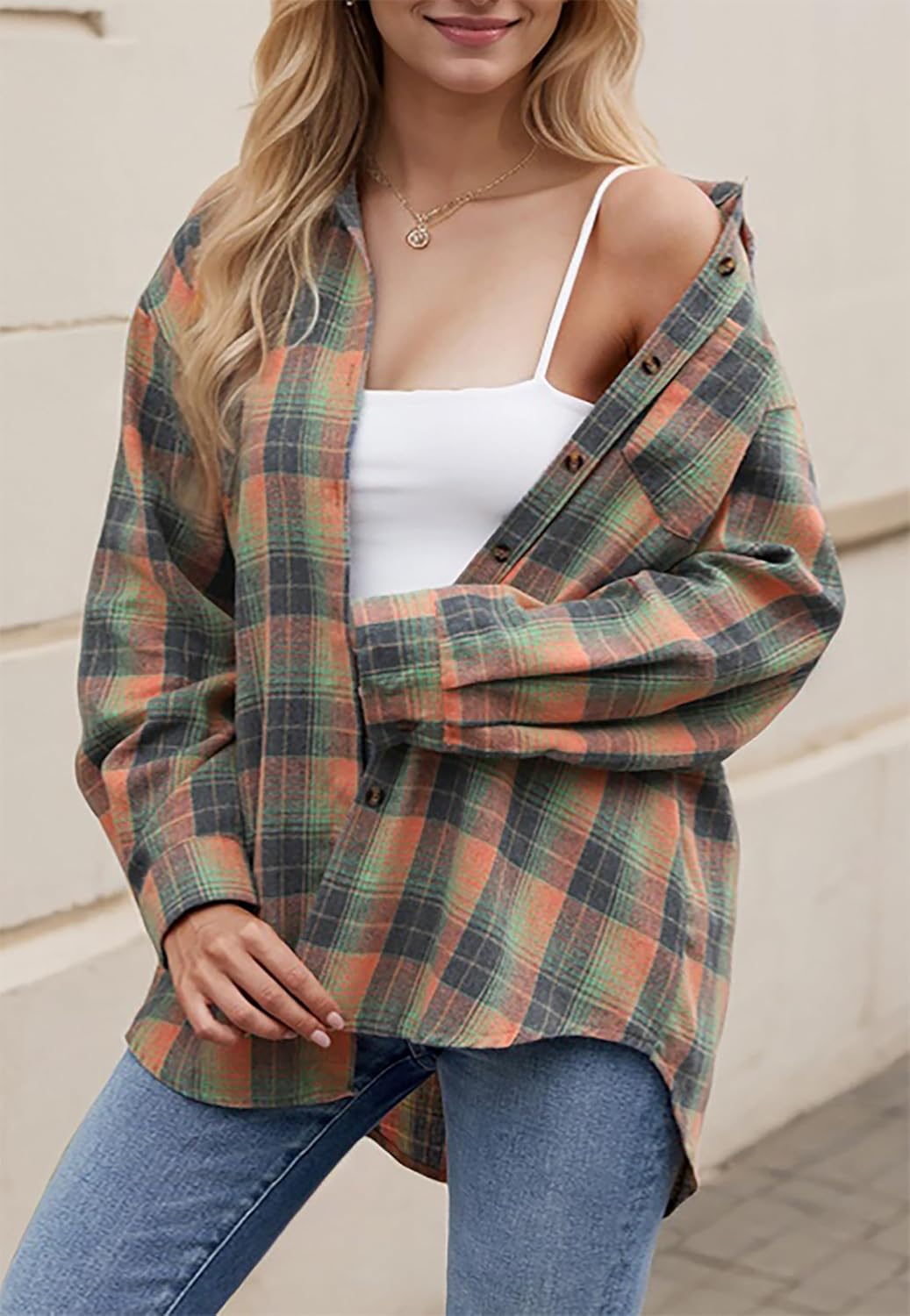 Oyamiki Womens Casual Cuffed Long Sleeve Boyfriend Button Down Plaid Flannel Shirt Tops - Image 2