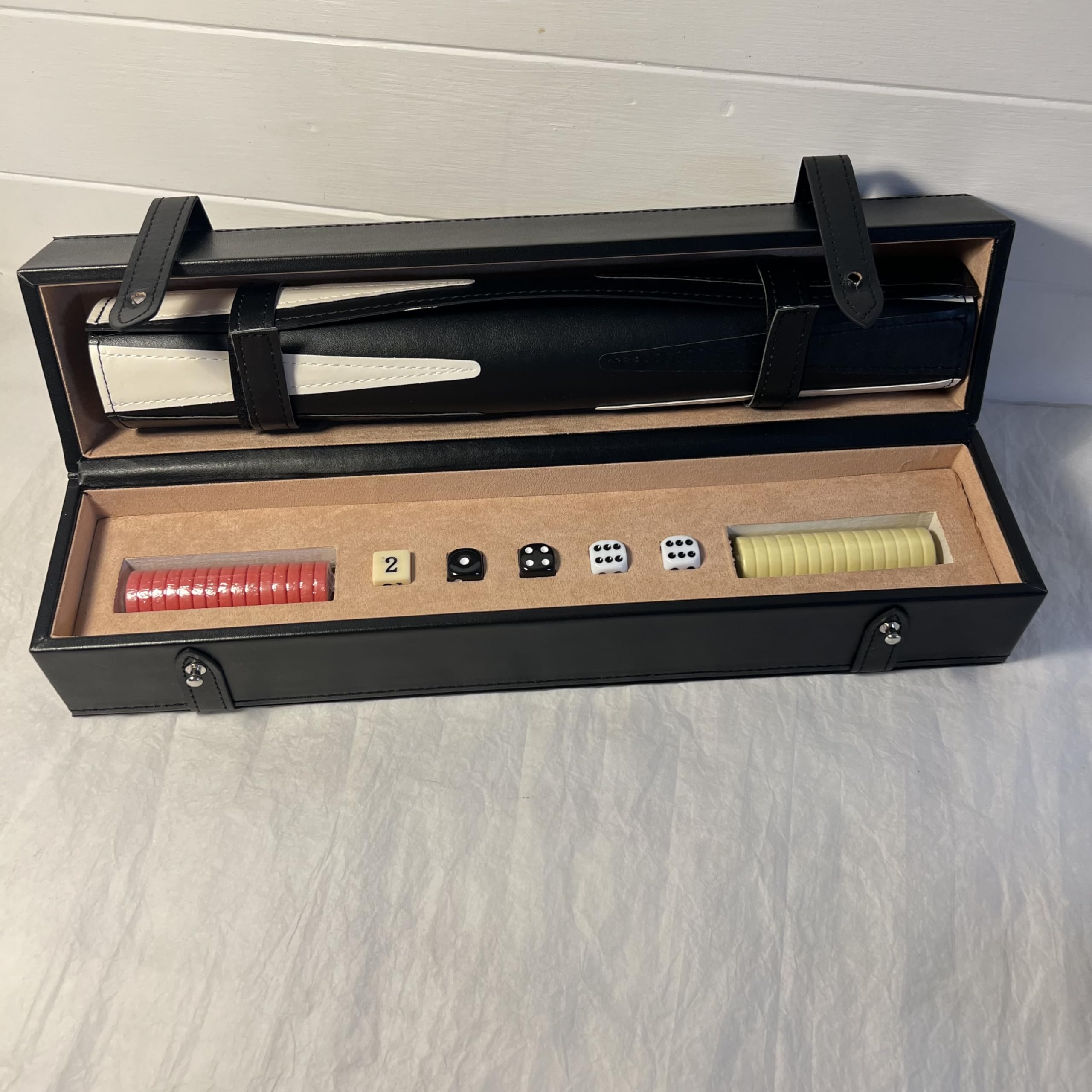 Large Travel Backgammon set in PU Case | Fold-out leather 38cm board | Lightweight 1100g