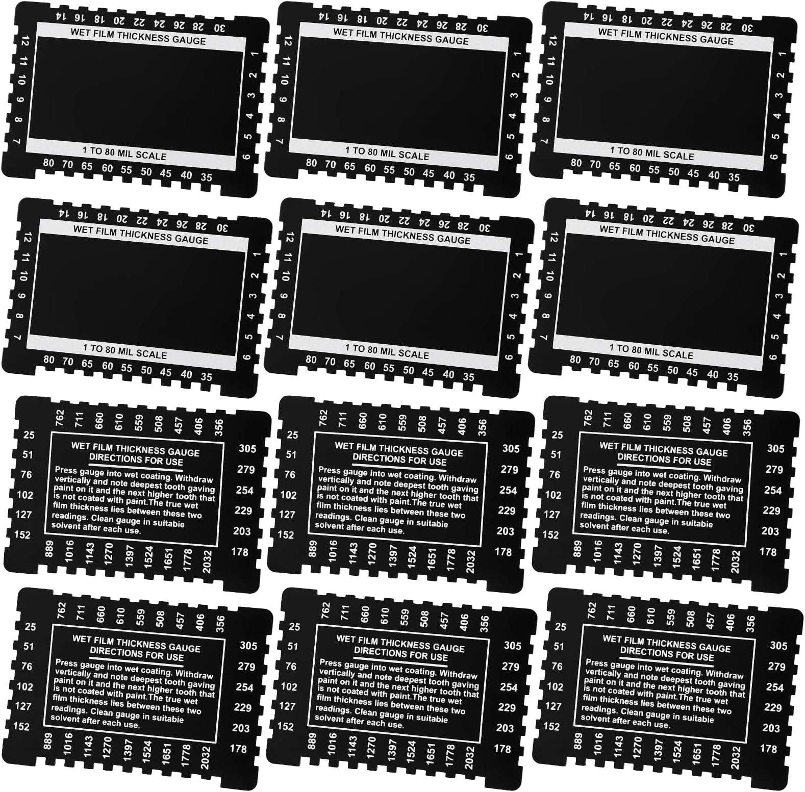 Kanayu Dual Scale Wet Film Thickness Gauge Comb 1-80 Mil Scale for Resins Paints Aluminum Black Portable Thickness Gauge Thickness Tool Double Sided(12 Pcs)