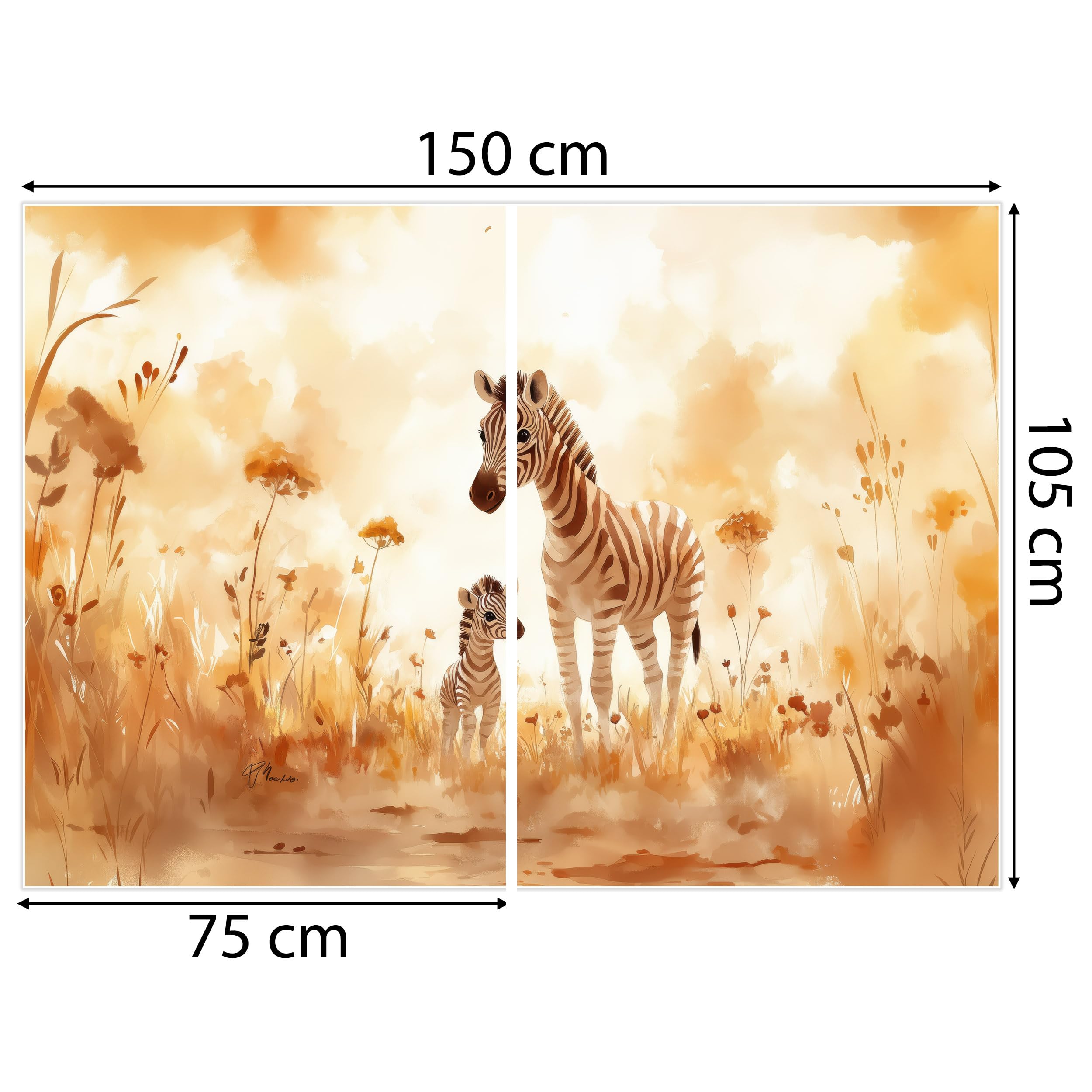 Samoprzylepna fototapeta z zebrą i źrebakiem zebry akwarela | Folia samoprzylepna odcienie beżu i brązu piękny wzór safari do pokoju dziecięcego niemowlaka dziewczynki chłopca 150x105 cm