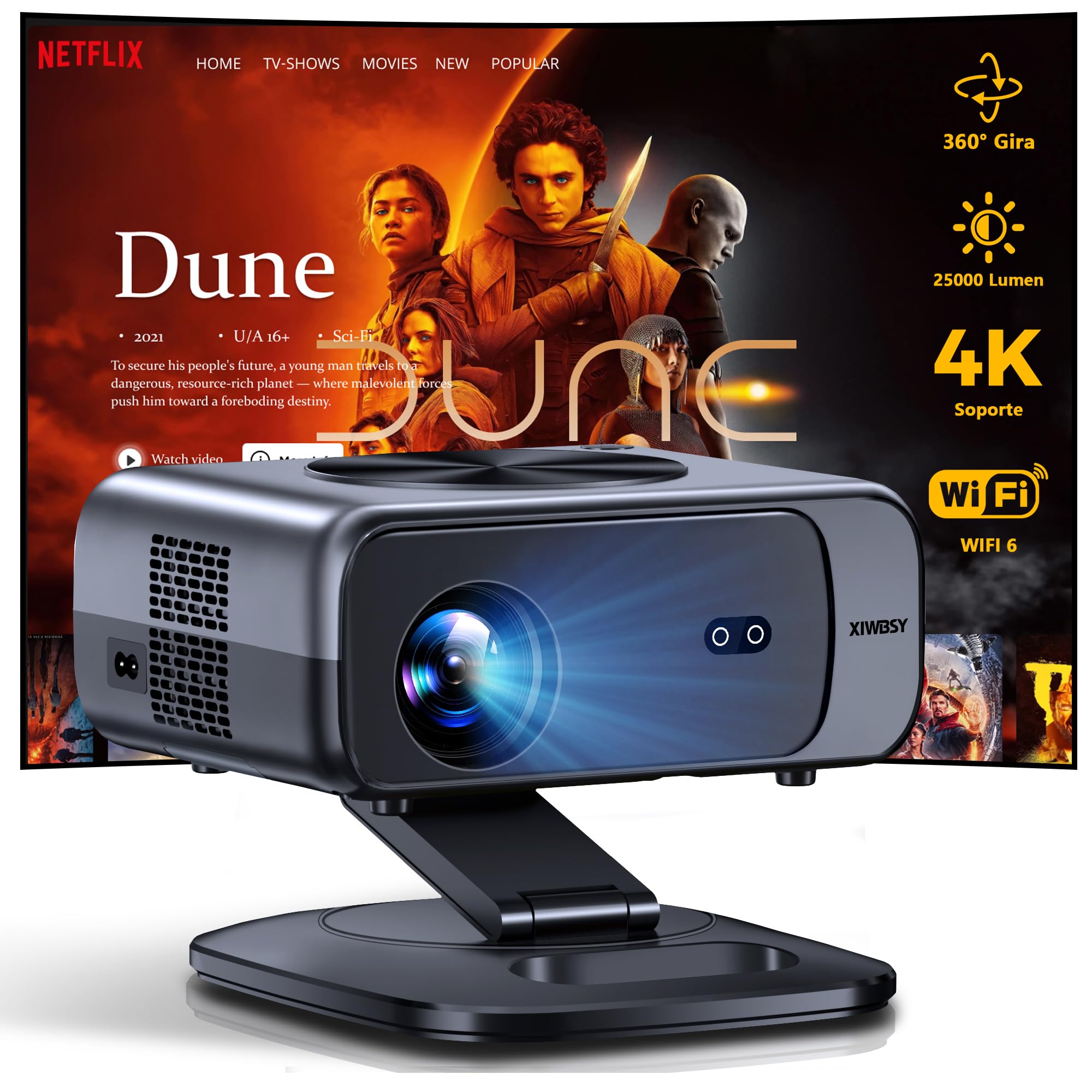 【Auto Focus/Gira 360°】 Proyector, XIWBSY Proyector 4K Soporte WiFi Bluetooth 25000 Lumen Full HD 1080P, Projector Portatil Android Cine en casa/Viajes, App integrada/Puerto WAN/WiFi Miroir