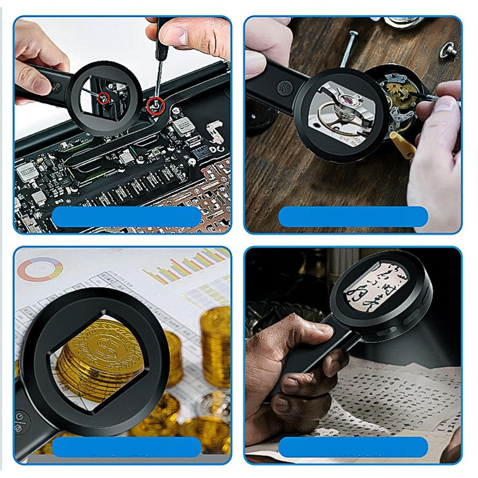 Lupa Recargable con 8 Luces LED, Lente de Aumento Iluminada, Grande, Liviana, de Mano, Opciones de Iluminación Dual, Soporte en Varios Idiomas, Se Conecta a la Computadora
