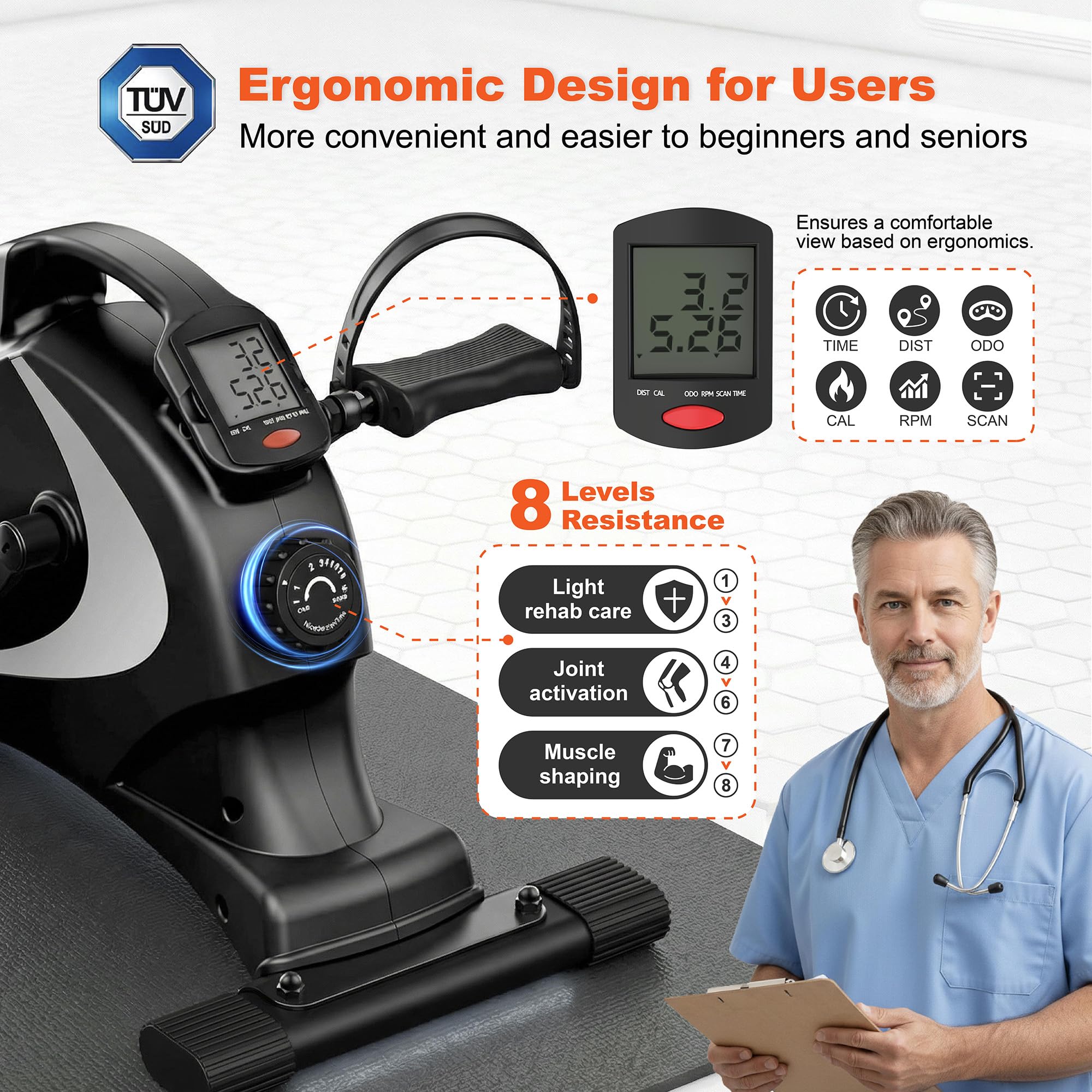 Niceday Mini cyclette per esercizi a pedale, bici da scrivania, 8 livelli di resistenza magnetica, silenziosa e liscia, monitor LCD, macchina a pedale per braccia e gambe, attrezzatura per allenamento