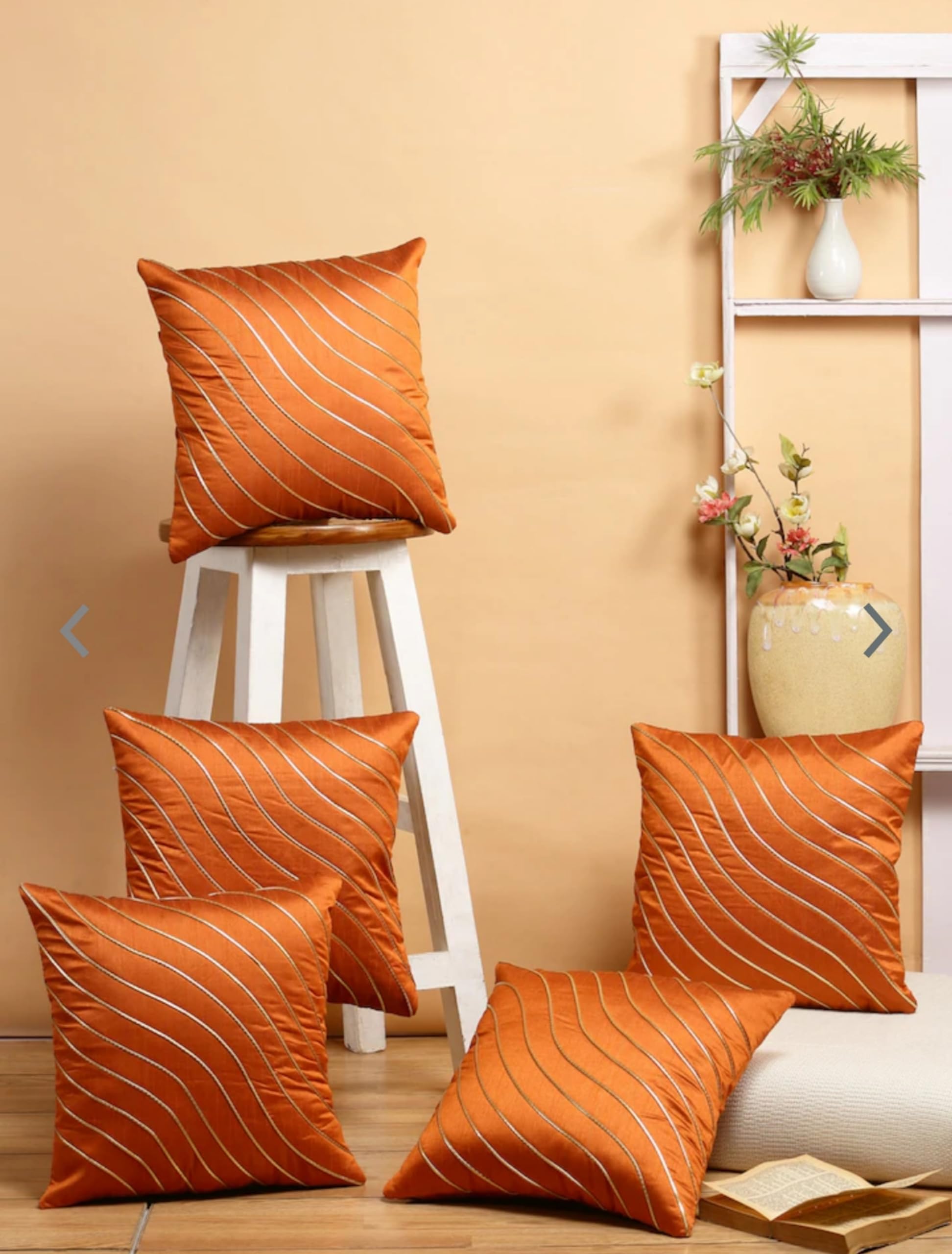 HOMEECART Set of 5 Decorative Hand Made Golden LINE Design Throw/Pillow Cushion Covers - (16 X 16 INCHES) (Orange)-image-13