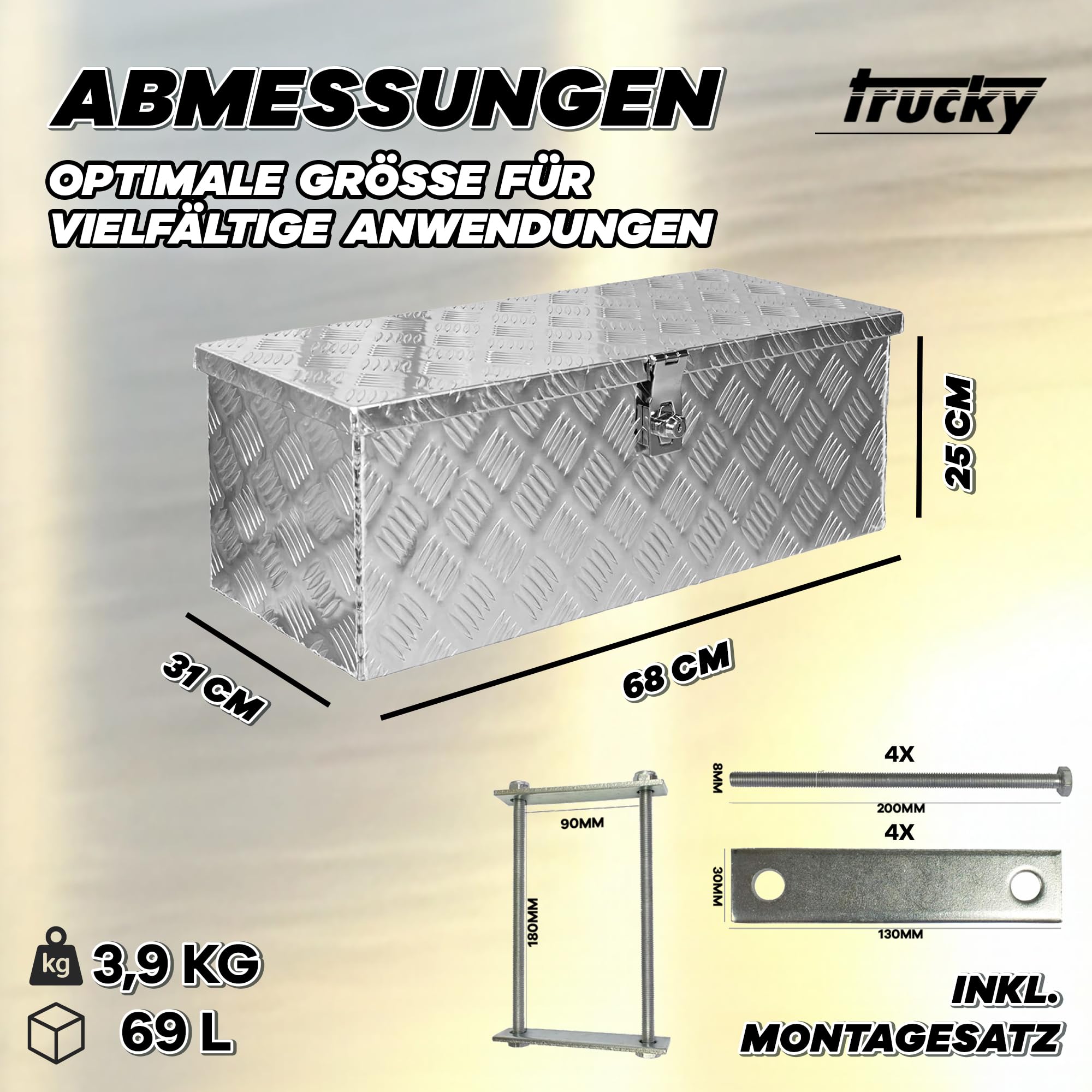 Trucky Skrzynka na samochód z aluminium, model D050, 68 x 31 x 25 cm, zamykana, wytrzymała blacha ryflowana, łącznie z zestawem montażowym, do warsztatu, samochodu, hobby