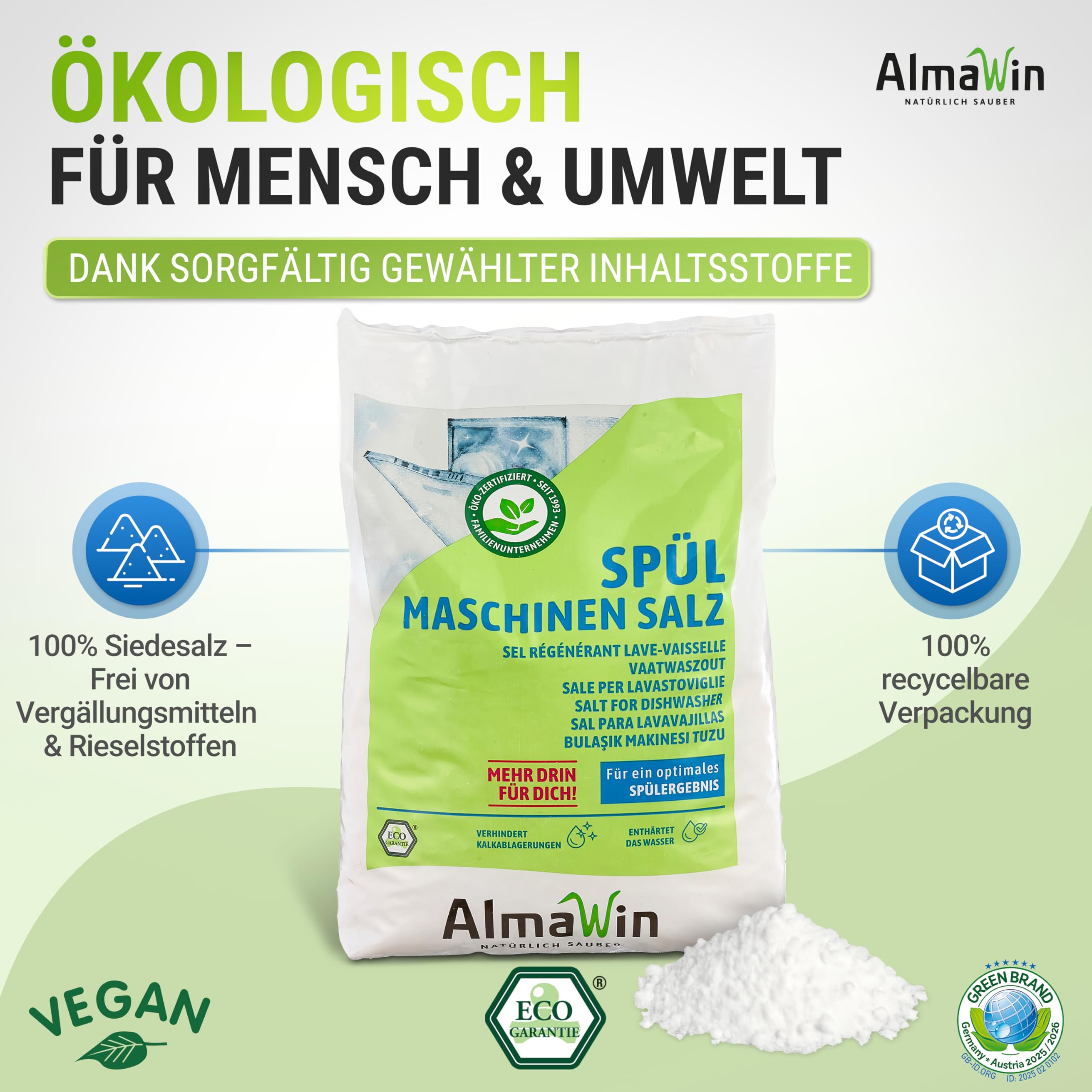 AlmaWin® Spülmaschinen Salz [18x 2kg] zum Schutz vor Kalkablagerungen & Wasserflecken - Geschirrspüler Salz für optimale Spülergebnisse - Regeneriersalz, Spezialsalz - 100% Natürlich, Bio & VEGAN