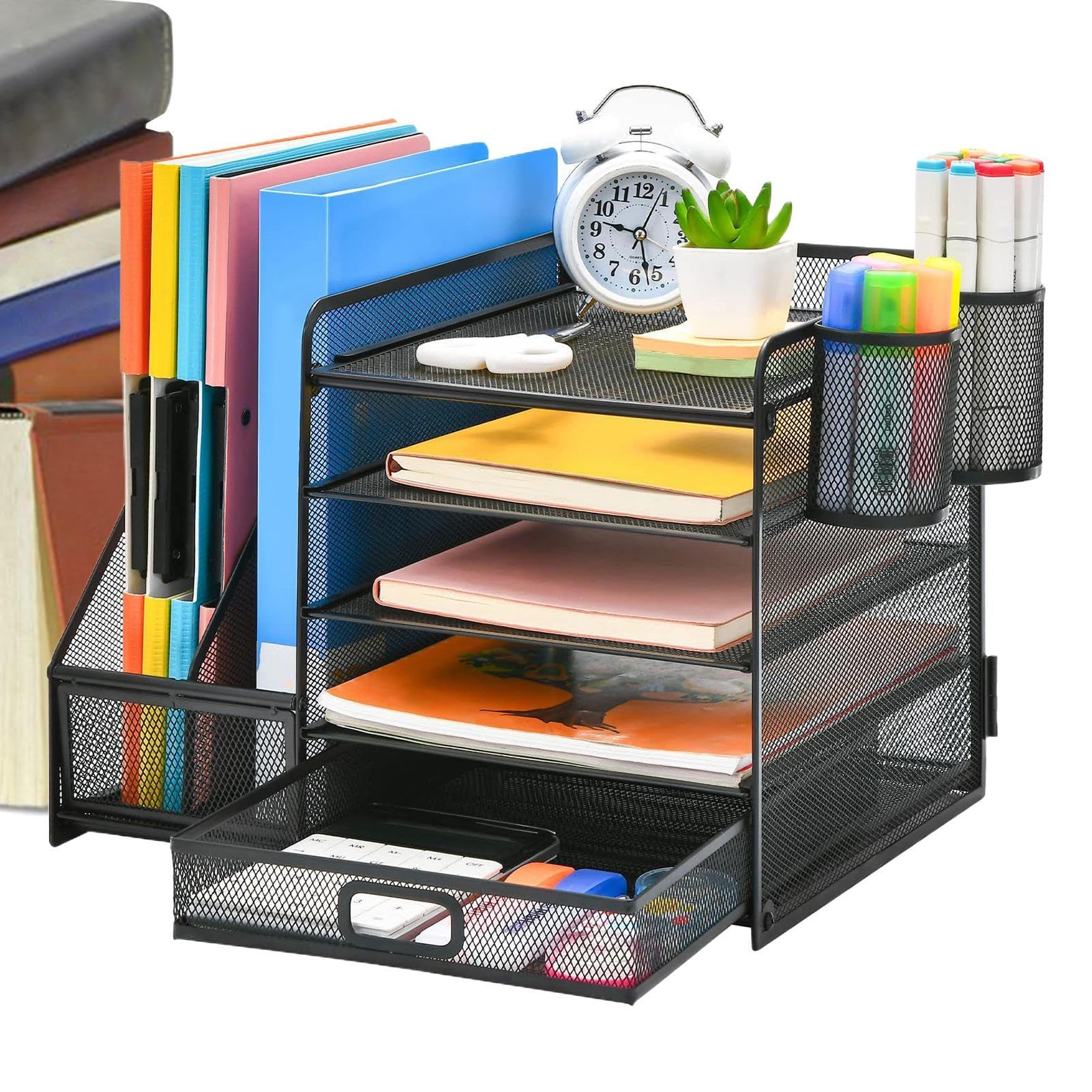 Organizzatore Scrivania Cassetto in Rete Portadocumenti Metallico da Tavolo | Contenitore Antiscivolo per Penne, Documenti e