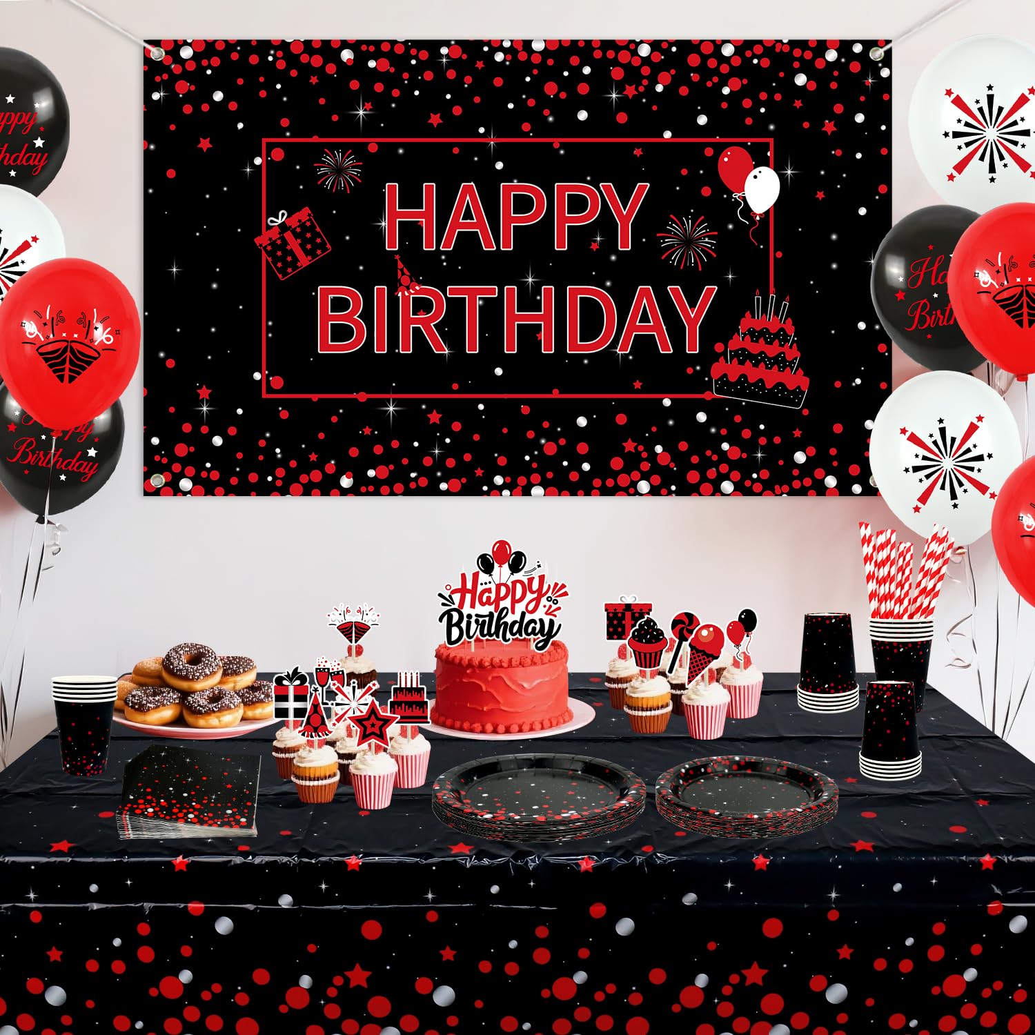 Decorazione di compleanno rosso e nero – accessori per feste rosso nero, tra cui striscioni, piatti, decorazioni per torte, bicchieri, tovaglioli, palloncini, tovaglie, per 20 persone (BJ)