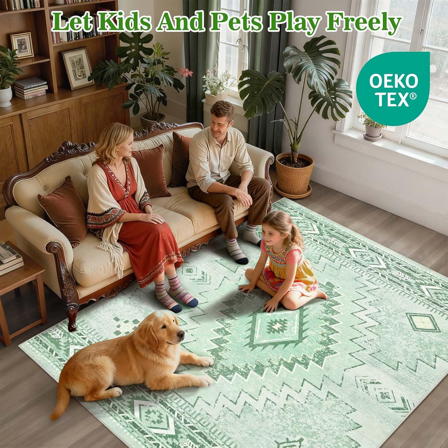Yinhua Green 5x7 Rug for Living Room, Washable Spring Area Rugs Low-Pile, Soft Non-Slip Western Rug with Rubber Backing, Non-Shedding Boho Carpet for Dining Table Office Nursery