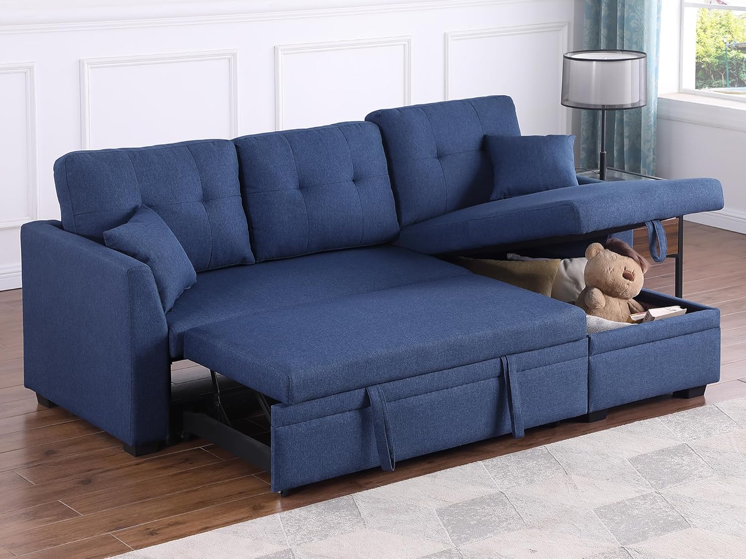 BEEY Sleeper Sofa Bed, 82" Small Convertible Sectional Sofa Couch with Storage Chaise, L Shaped Couch with Pull Out Bed for Bedroom, Living Room (Navy_Blue_2)