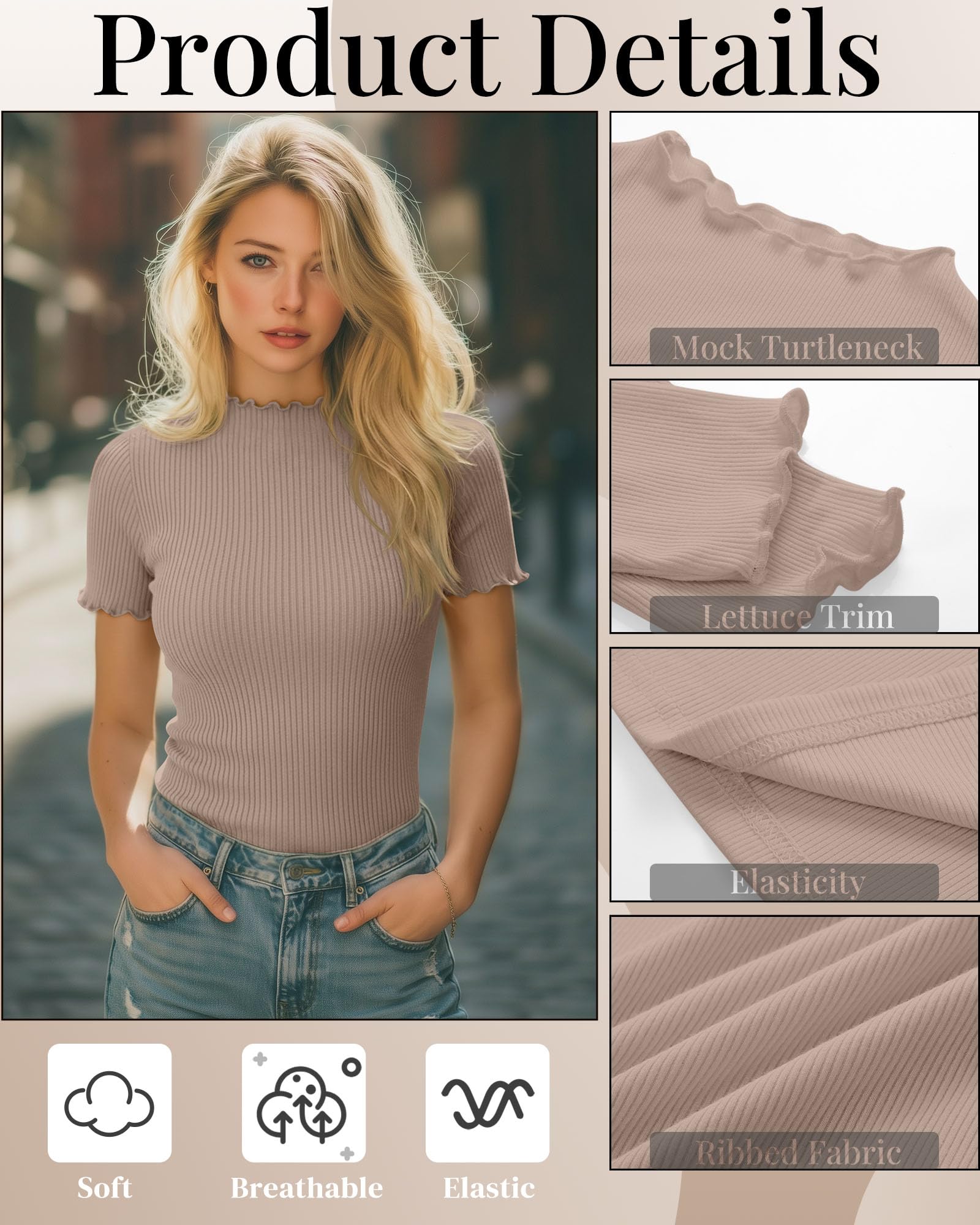 Geyoga 3 Top Donna Dolcevita Manica Corta | Top in Cotone a Manica Corta Con Tessuto a Costine E Bordo Ondulato. Elasticizzato, Vestibilità Aderente.