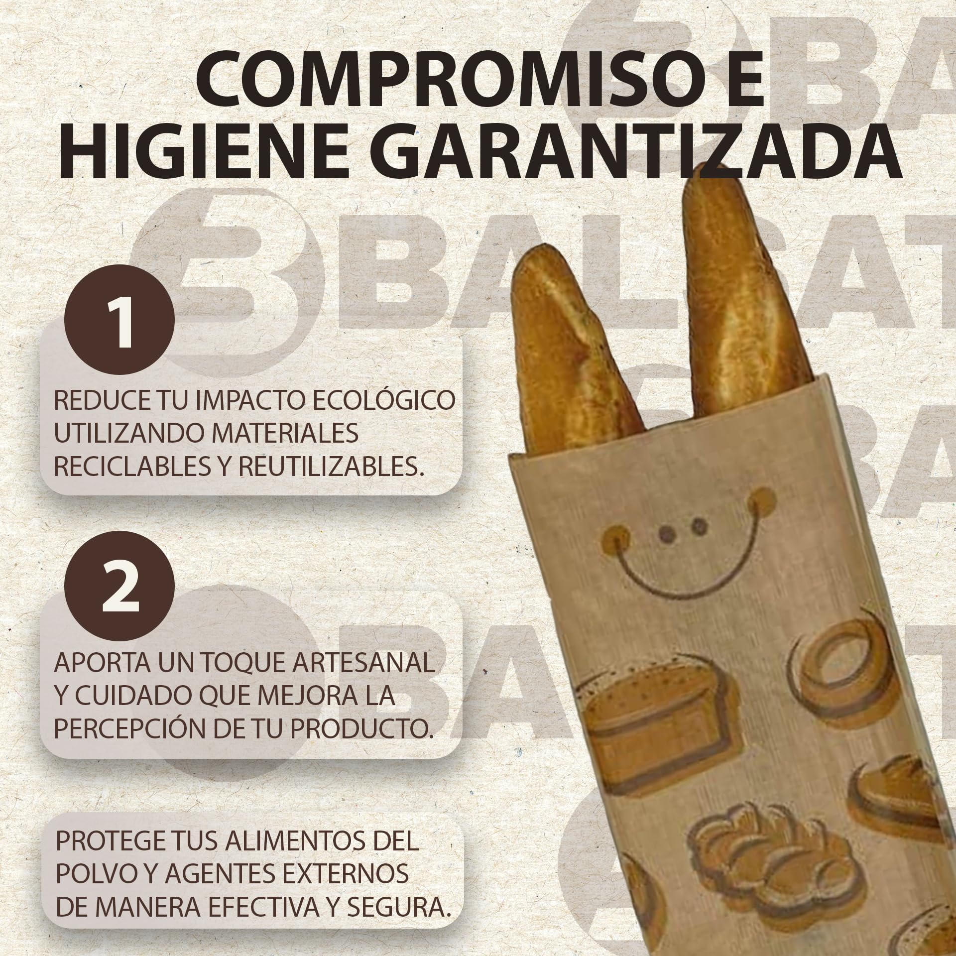 BALSAT Bolsas de Papel Kraft para Panadería | Estampado Atractivo de Pan y Caritas | Seguras y Cómodas | Varias Medidas | Resistentes y Evitan el Aplastamiento | 1000 Uds 18x51 cm (2 Barras normales)
