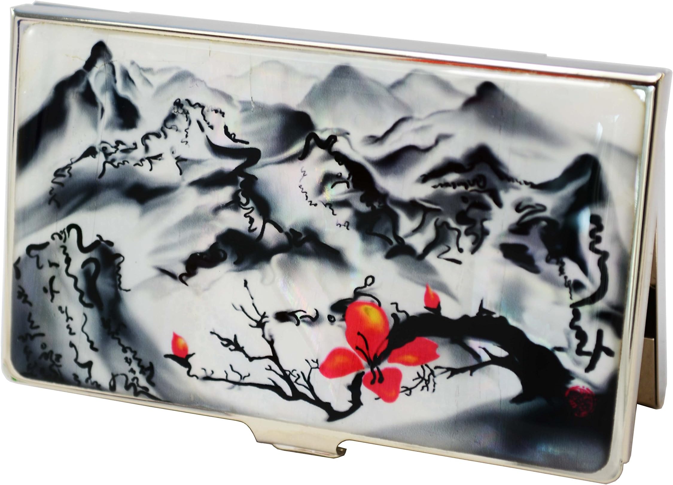 Business Card case, Holder, Design Asian Landscape, Mountains and Rivers. Hard case Stainless Steel, 15-20 Cards, Gift for Employee