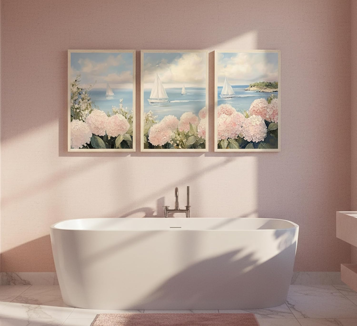 Set of 3 Pink Coastal Hydrangea Wall Art Seascape Floral Painting Picture Wall Decor Vintage Sailboats Poster print Artwork for Living Room Bedroom dormitory Home Decoration Unframed