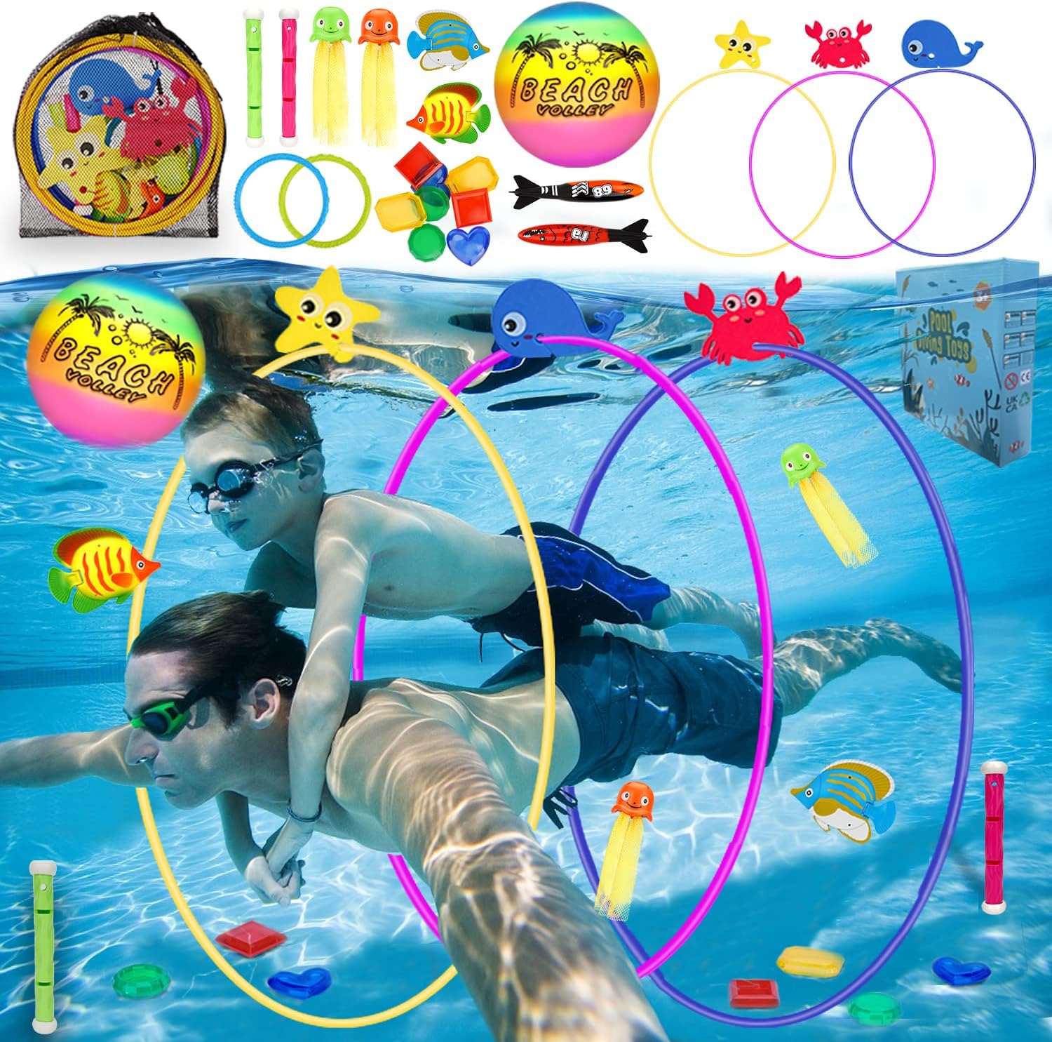 AstarX 27 Pcs Pool Toys for Kids, Diving Toys with 3 Pcs