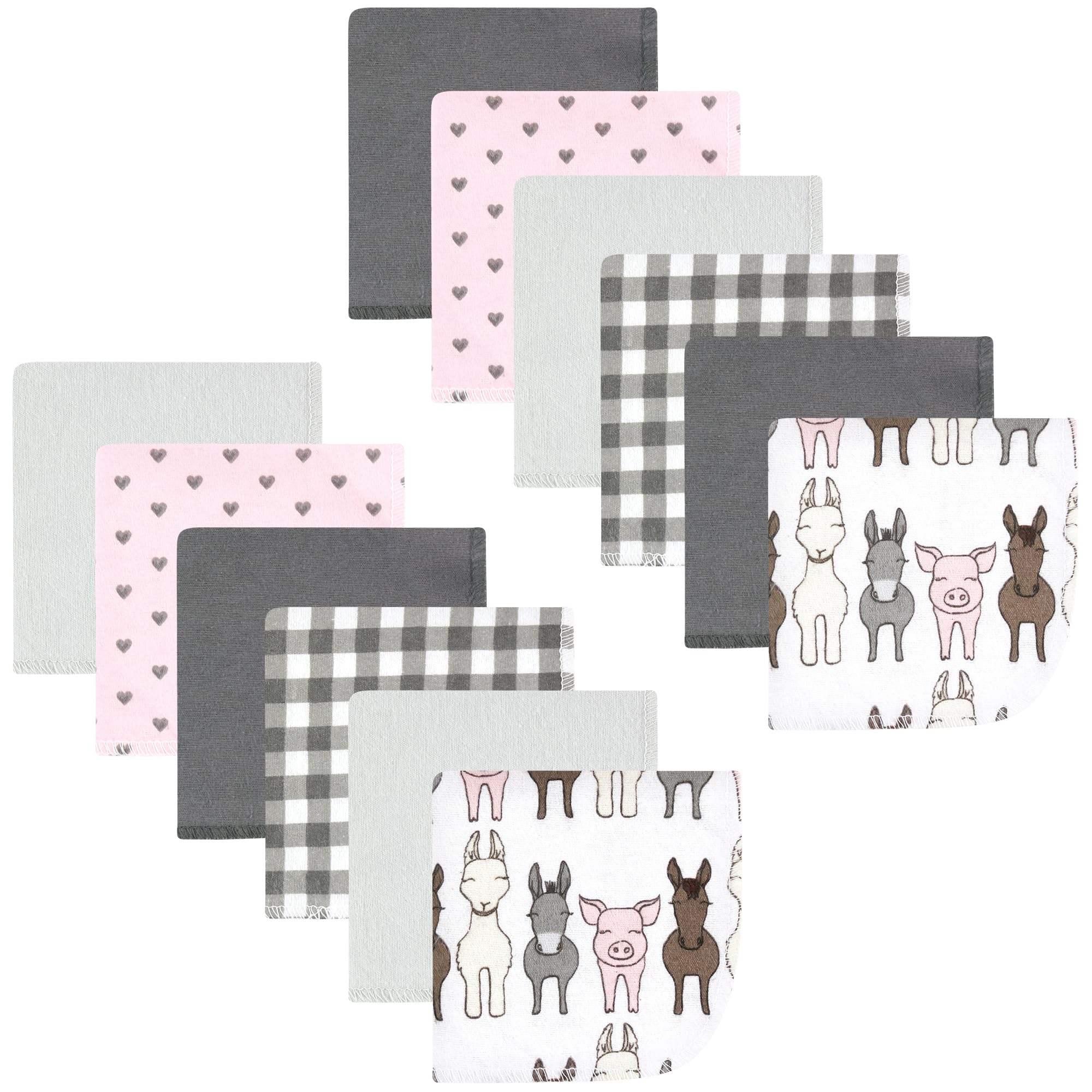 Hudson Baby Unisex Baby Flannel Cotton Poly Washcloths, Farm Friends Pink 12Pk, One Size