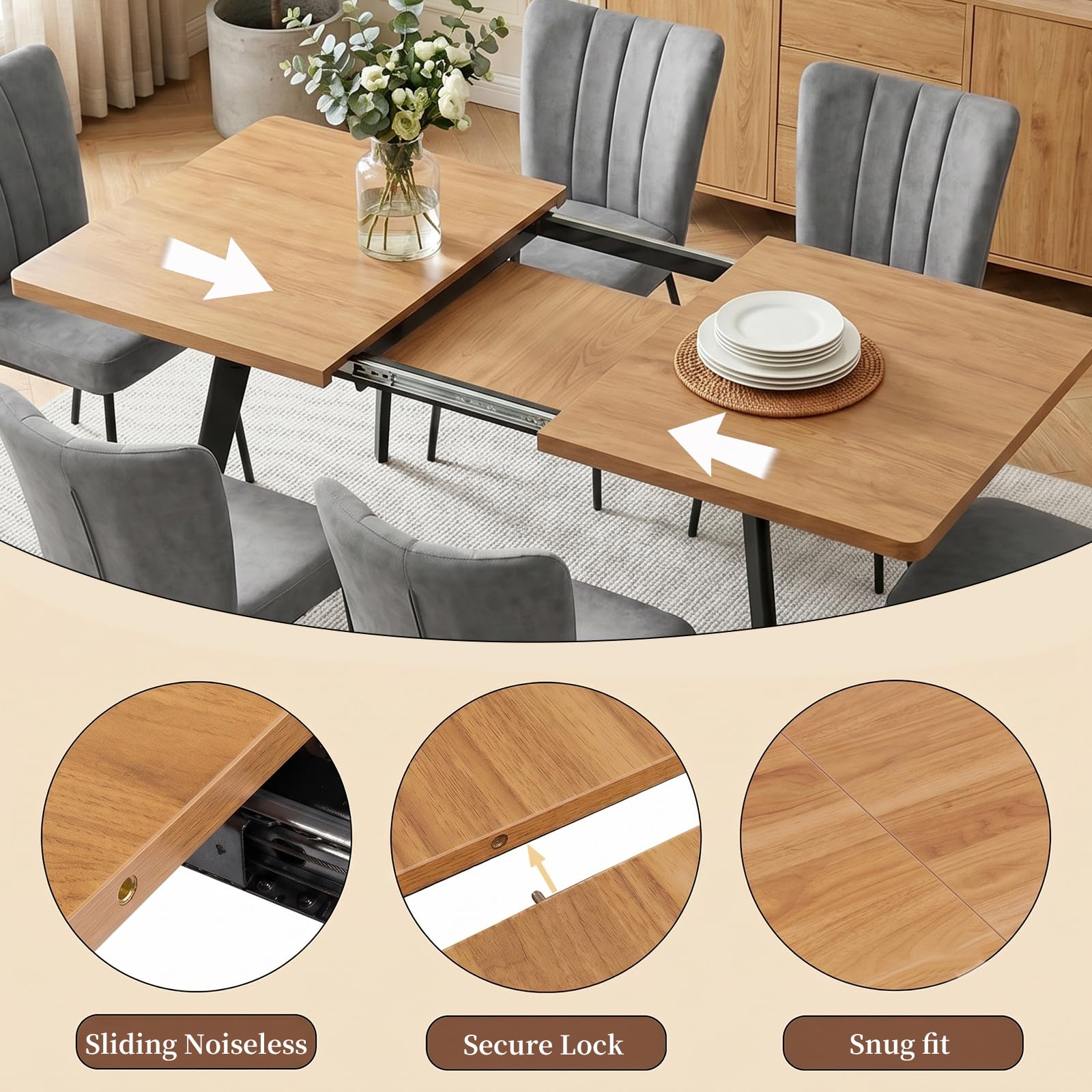 JIEXI Ausziehbares Esstischset mit 6 Stühlen, platzsparender Tisch aus MDF-Holz und stabilem Metallgestell, perfekt für Esszimmer, Küchen und Wohnungen – Tisch aus Eiche + Stühle aus grauem Samt
