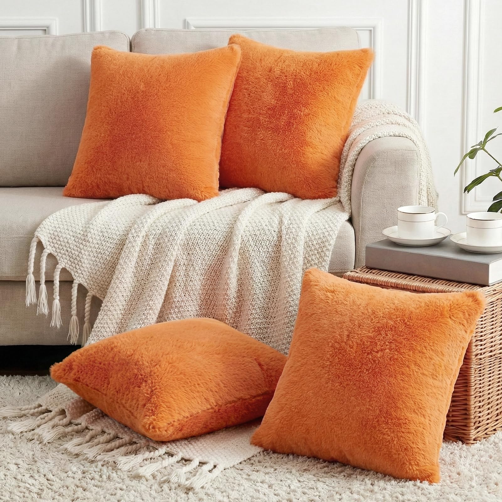 Thmyo 4-Pack Faux Fur Cushion Covers Fluffy Soft Throw Pillow Cases Super Soft Plush Cushion Covers Fashion Home Decorative Pillowcases for Sofa Bed Couch,Orange,18x18inch