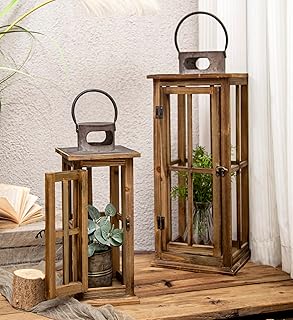 TIMRIS Large Farmhouse Wooden Metal Lantern Set of 2, Rustic Decorative ...