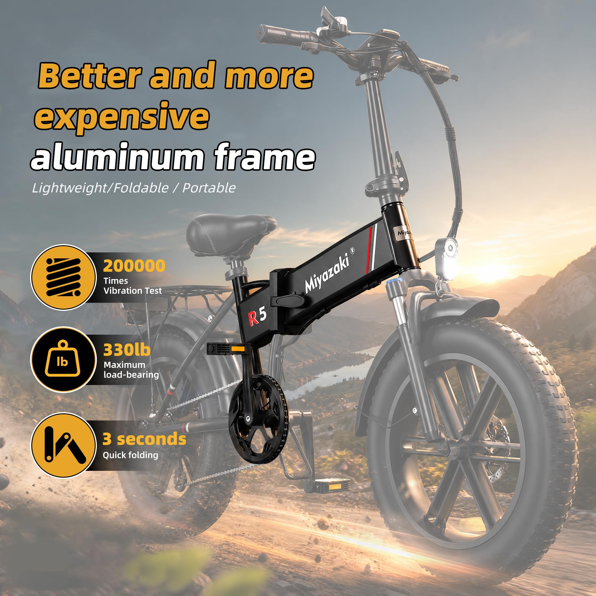 Miyazaki Bicicleta eléctrica Plegable para Adultos R5 90NM, con Cuadro de aleación de Aluminio Ligero, Motor sin escobillas, batería extraíble, Equipada con neumáticos Anchos de 20“×4.0” y Pedales.
