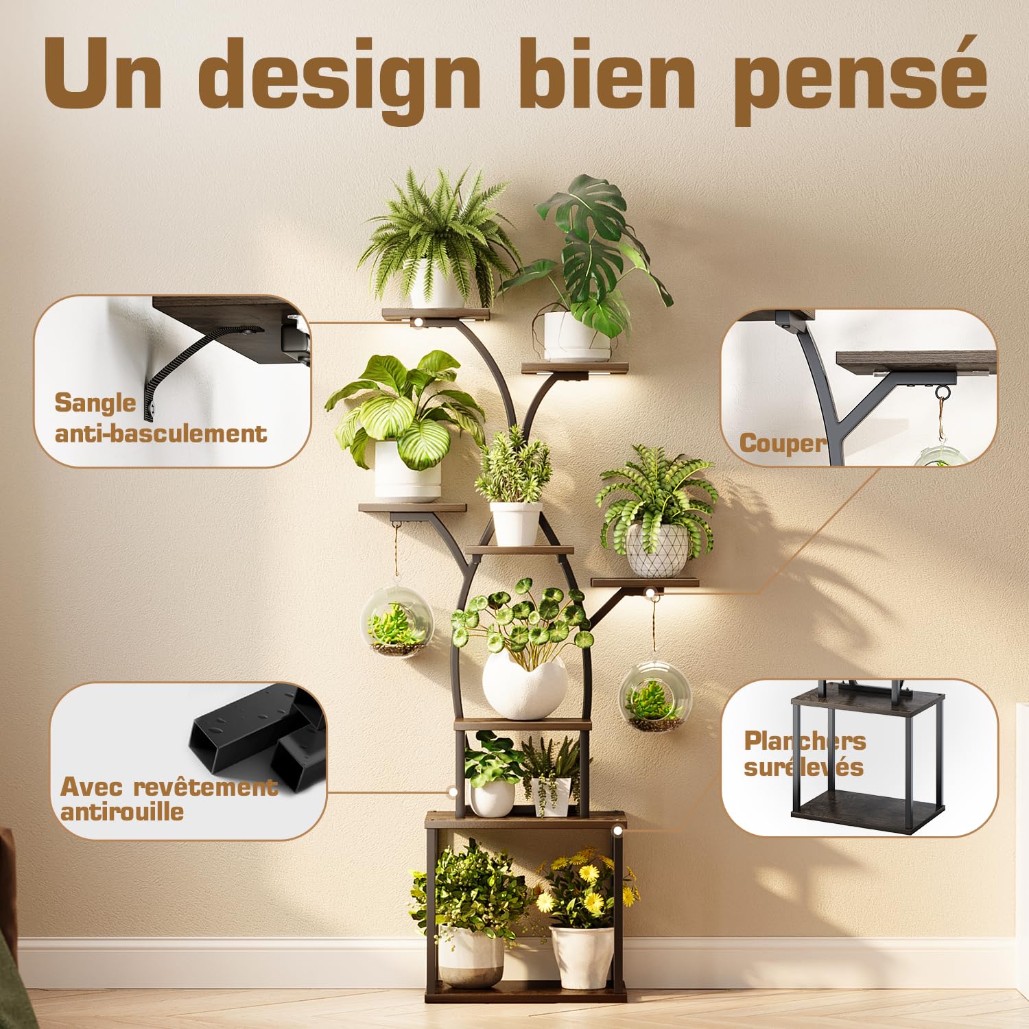 Support Plantes 150cm – 8 étagères, LED croissance, métal noir | Support plantes 150cm | 8 étagères | LED croissance + minuterie | Métal noir + bois | Int & ext | Salon, balcon