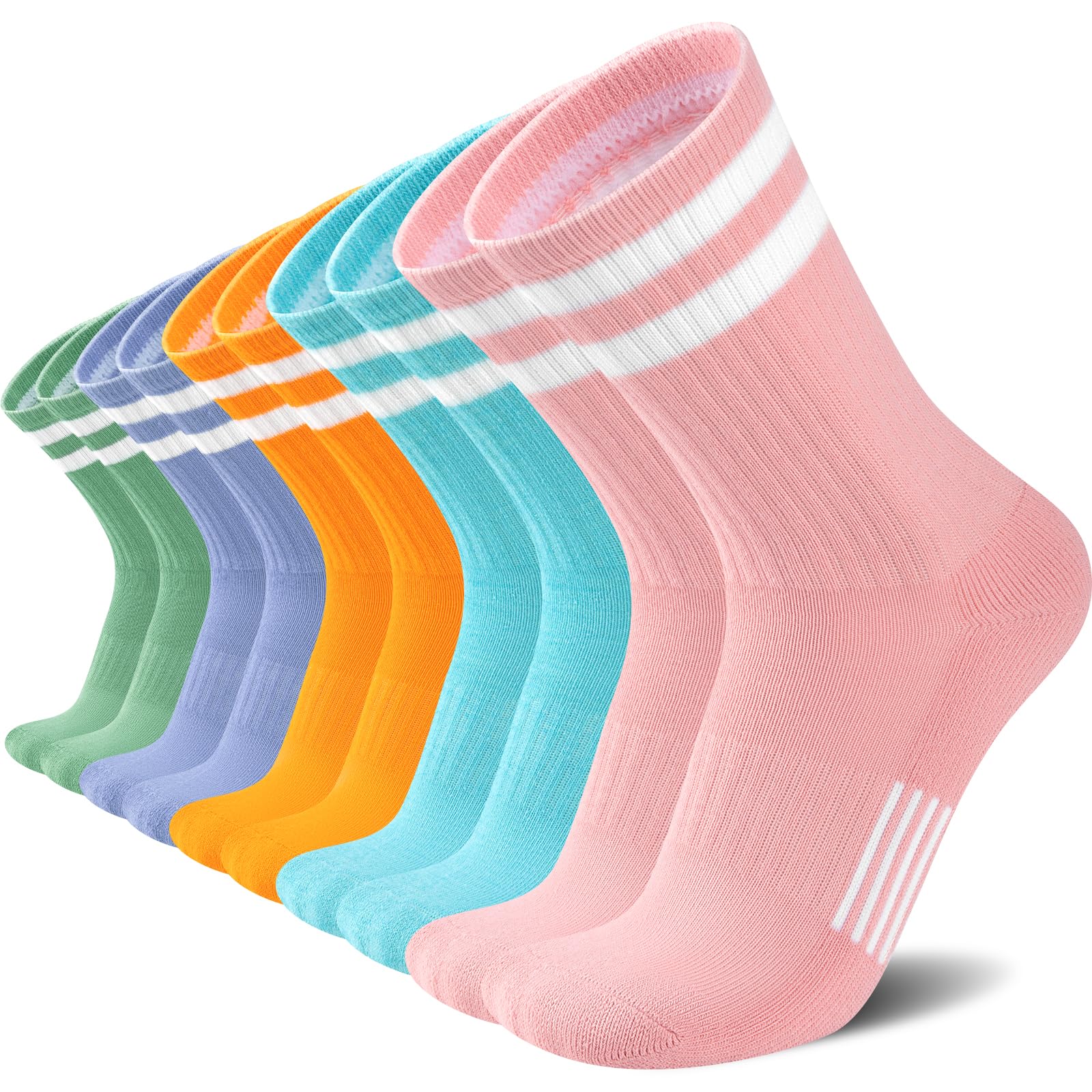eallco Womens Crew Socks Athletic Running Casual Cushioned Striped Calf Sock for Women 5 Pairs