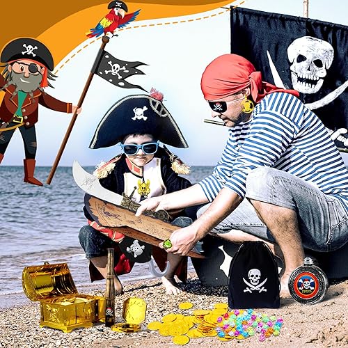 Miniatura 4 de 116 piezas de juguetes del tesoro pirata, caja del tesoro pirata con monedas, joyas, gemas y mapa pirata, brújula, telescopio para Halloween,