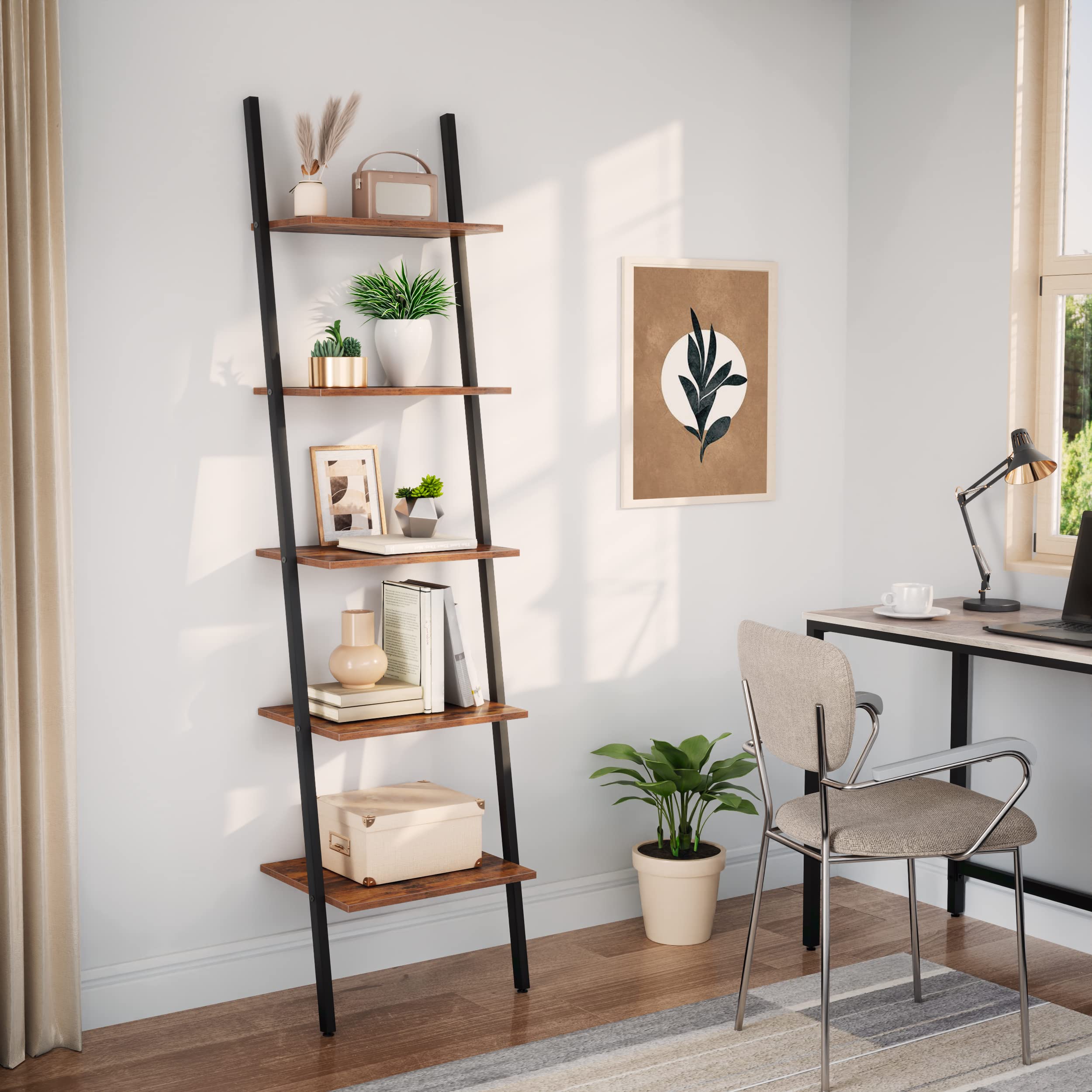 HOOBRO Ladder Shelf Leaning Shelf, 5Tier Narrow Bookshelf, Leaning