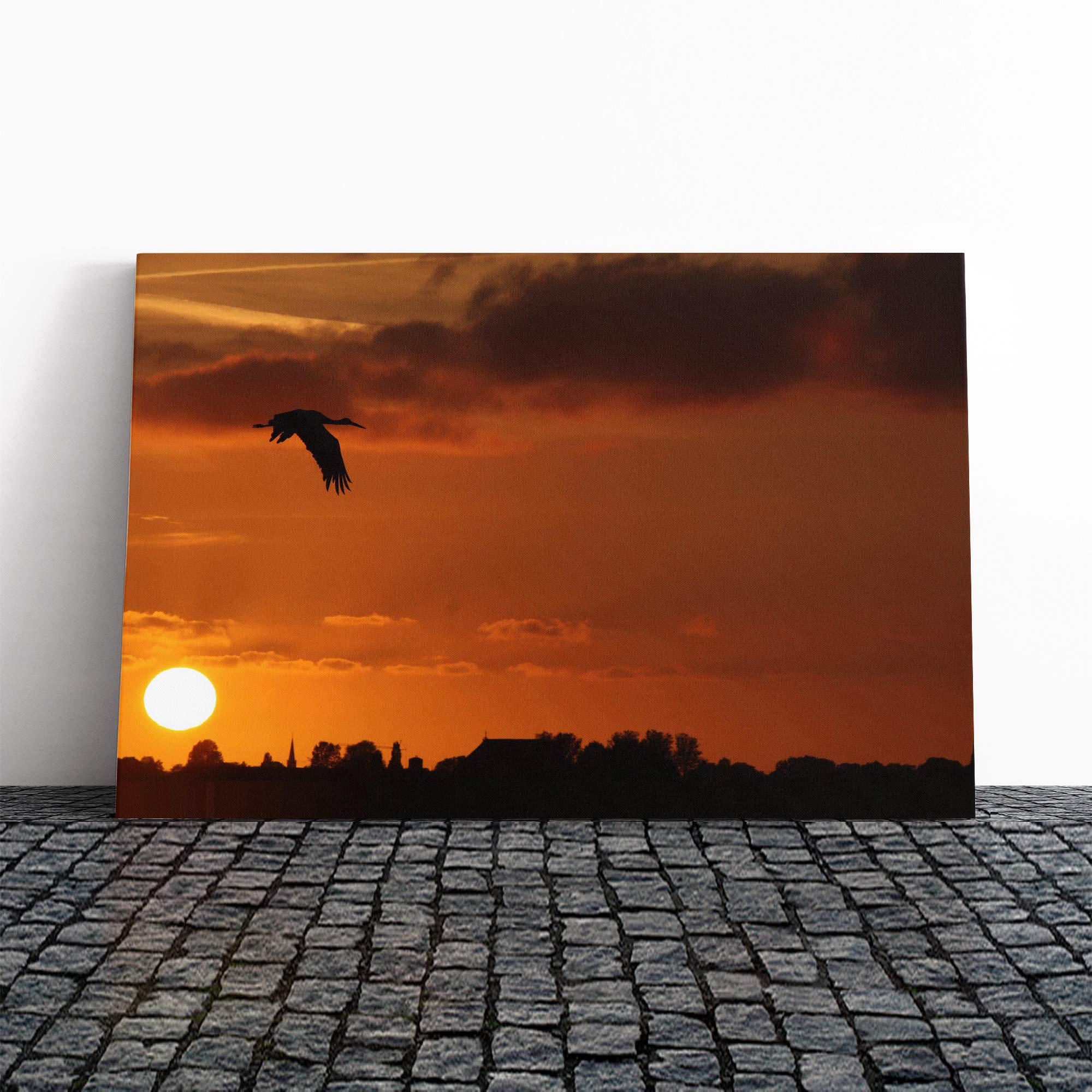 Stork Bird Sunset Canvas Print | Gallery Wrapped 30mm Frame Wall Art | 24x16 inches | Ready to Hang | Modern Animals Picture | Living Room Bedroom Lounge Office