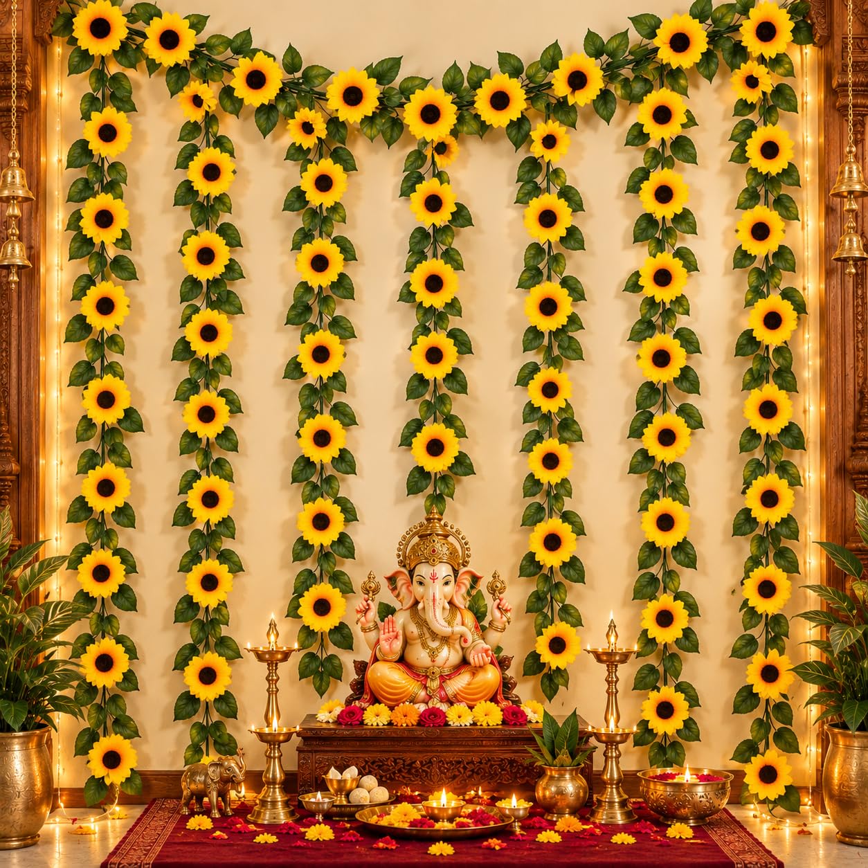 tied ribbons set of 2 artificial sunflower garland with hanging string 10 flowers (2.2 meter) garland for decoration wall door hanging home décor balcony indoor outdoor office craft decorative items