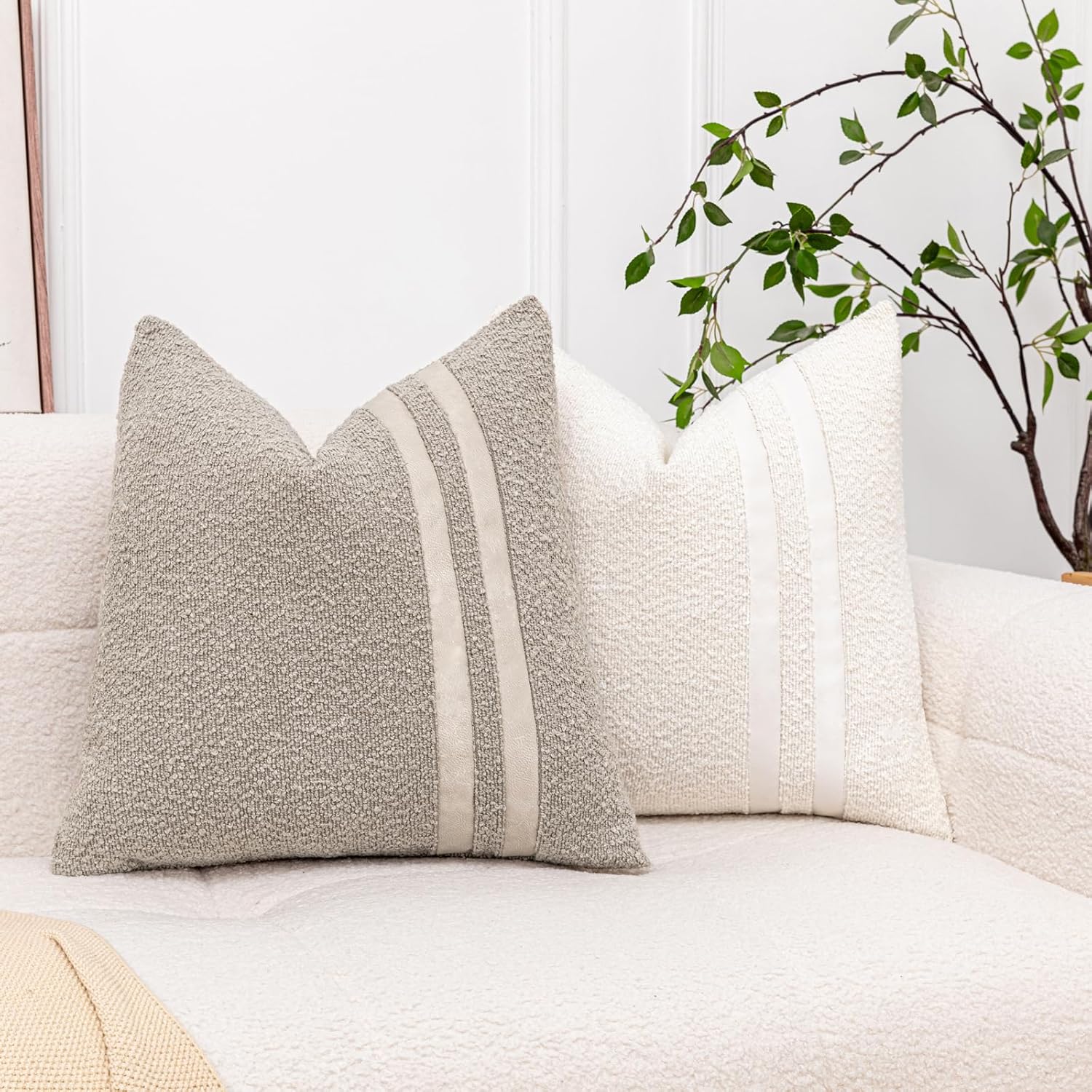 20x20 Textured Throw Pillow Covers Set of 2 Boucle Accent Pillow Cases with Faux Leather Striped Square Cushion Cover for Bed Couch Sofa Living Room Home Decor,Oatmeal