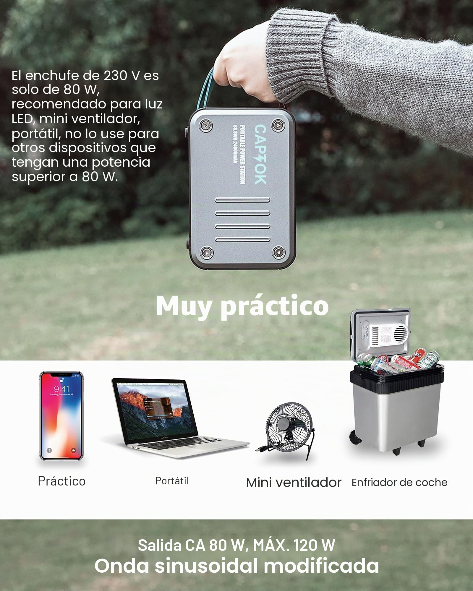Powerbank 230V con toma de corriente 88.8Wh Powerstation, 10W Cargador inalámbrico, generador solar 120W USB LED para camping al aire libre de emergencia
