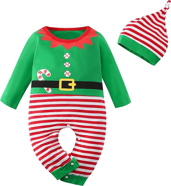 maxToonrain Newborn Baby My First Christmas Outfit with Hat Baby Elf Costume for Boys and Girls Long Sleeve Sleepwear Toddlers One-Pieces Rompers