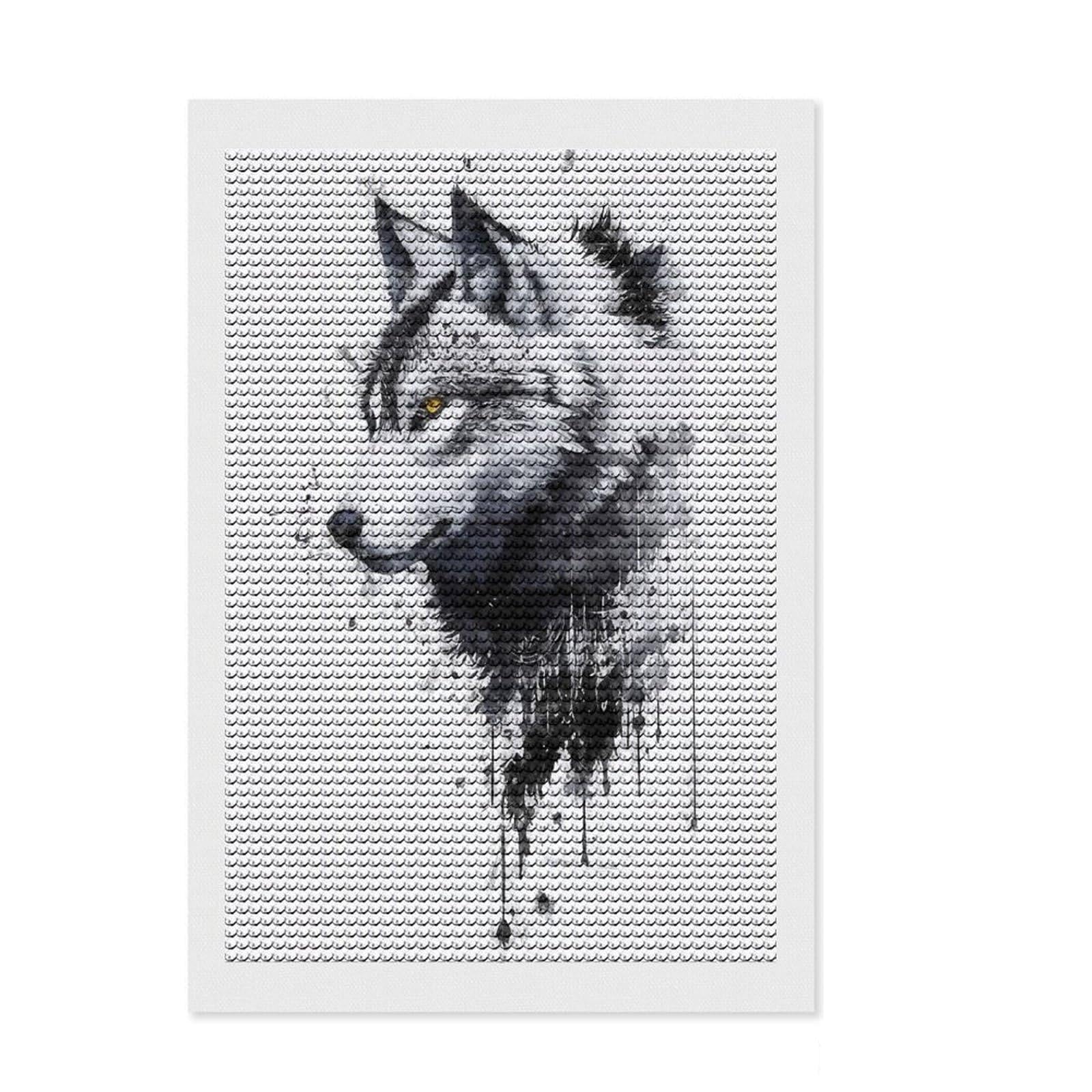 Junmoney Ink Wolf DIY Diamond Art Canvas Kit 8"x12", for Creative Relaxation, with Tool Kit, Vintage Style Decor, Festive Craft Gift
