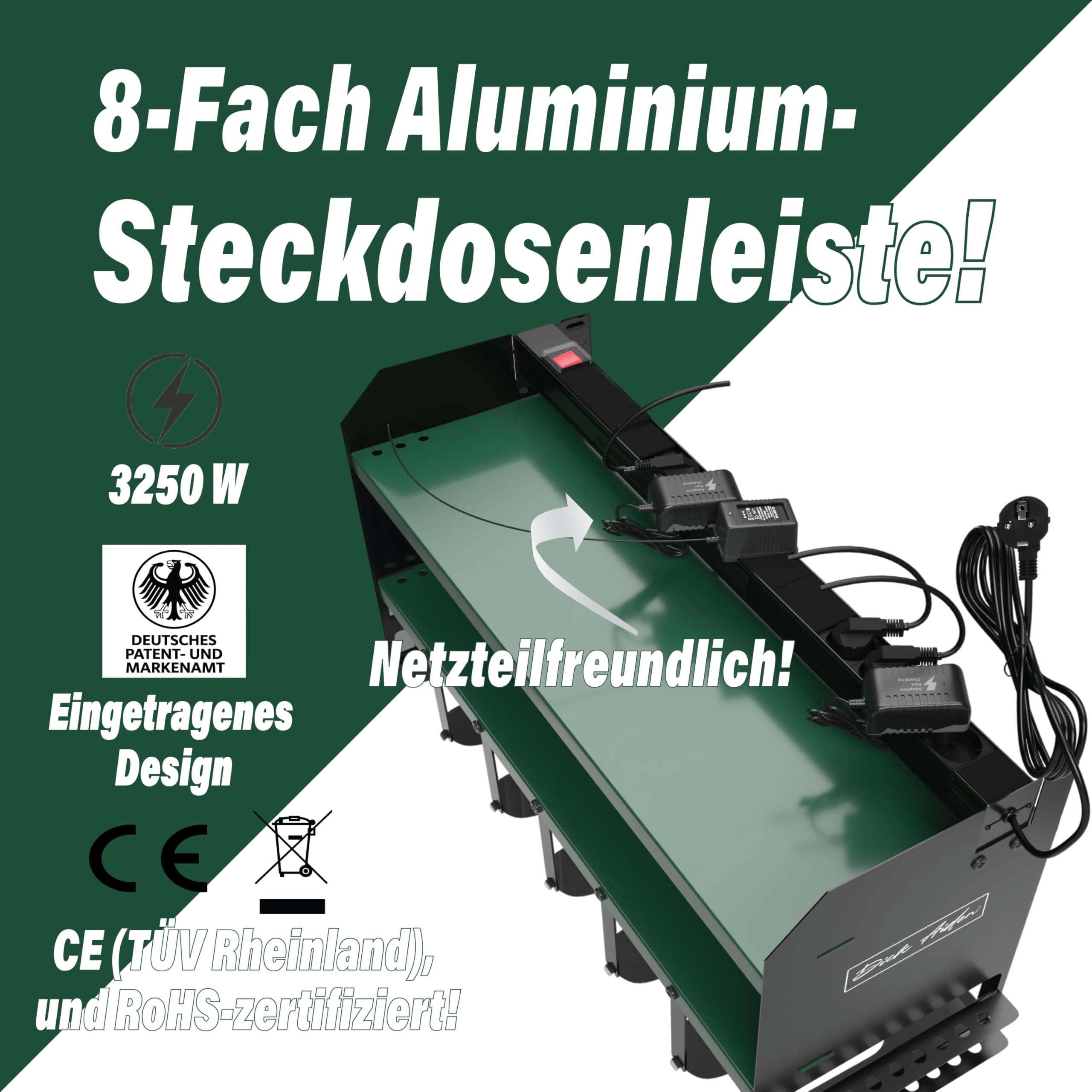 Elektrowerkzeug-Organizer mit Steckdosenleiste & Ladestation, Schwerlast-Werkzeughalter für Werkstatt & Garage, 6-fach Halterung, Metabo Grün.