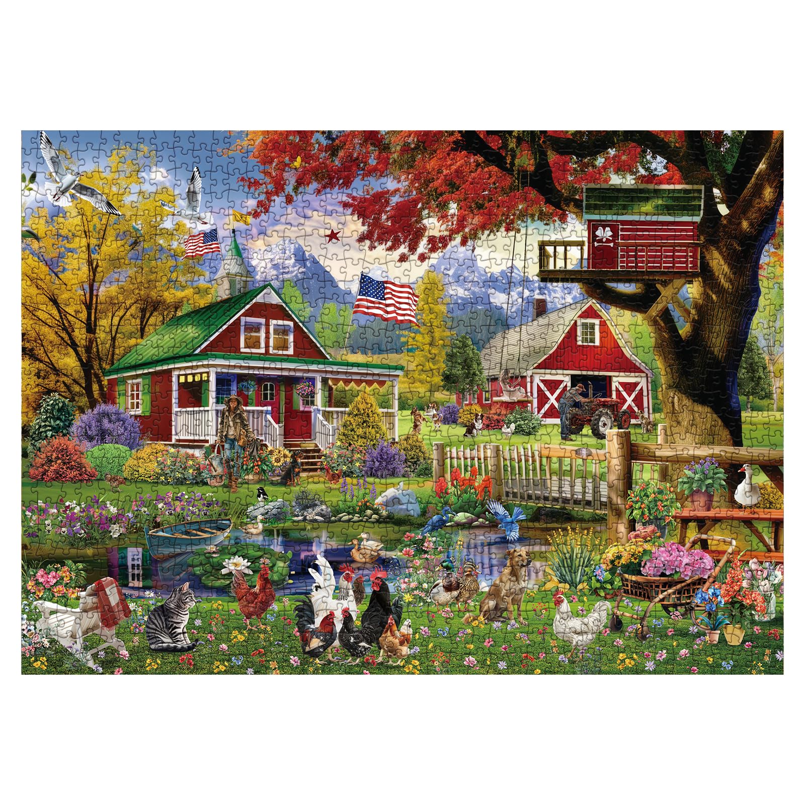 Country Farm Landscape Puzzle 1000 Pieces for Adult, Barn Animal Flower Jigsaw Puzzle, Lake Mountain Scene Puzzles