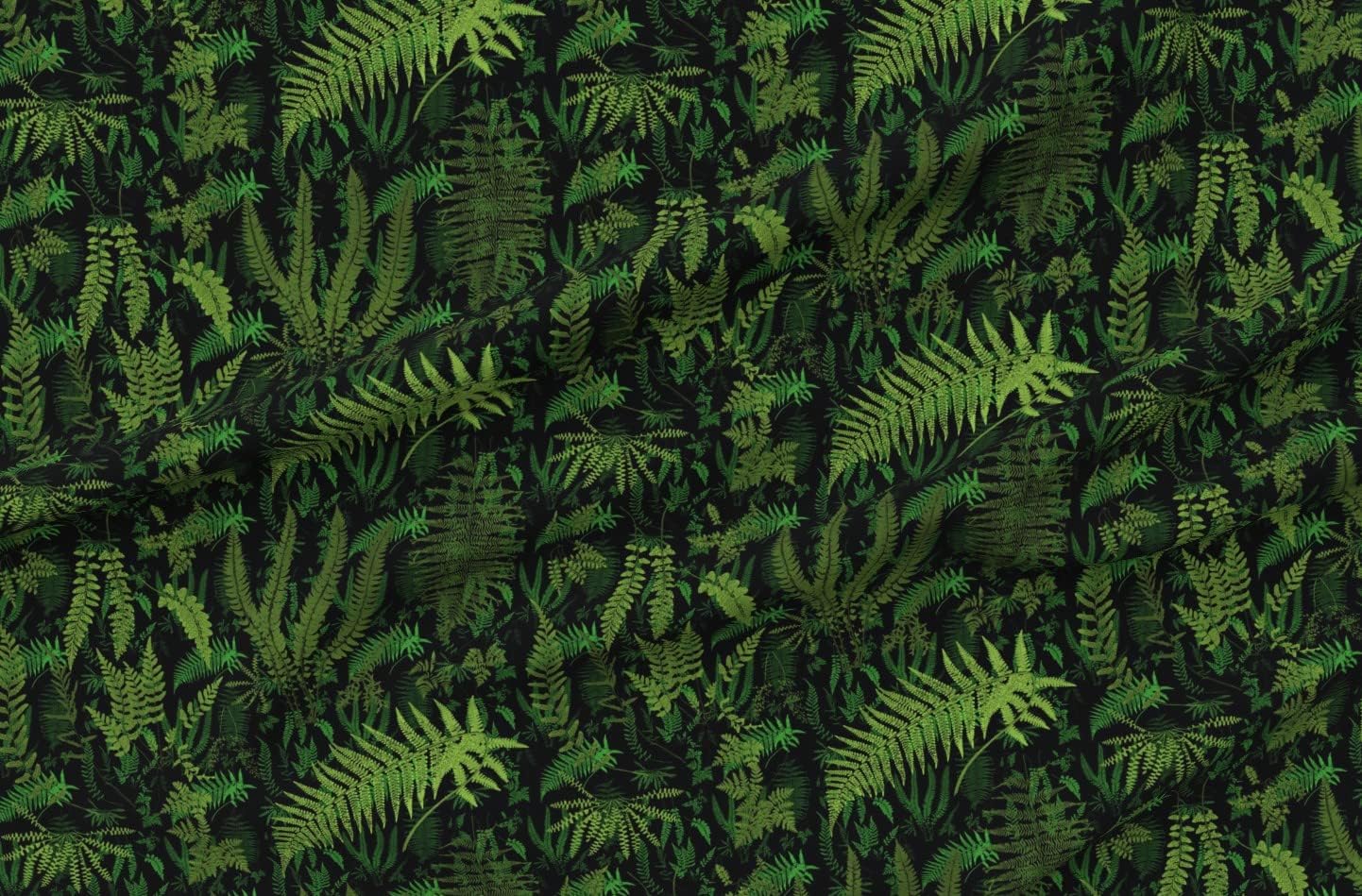Spoonflower Fabric - Fern Botanical Deep Black Green Leaves Forest Plants Jungle Printed on Organic Cotton Sateen Fabric by The Yard - Sewing Quilting Apparel Home Decor