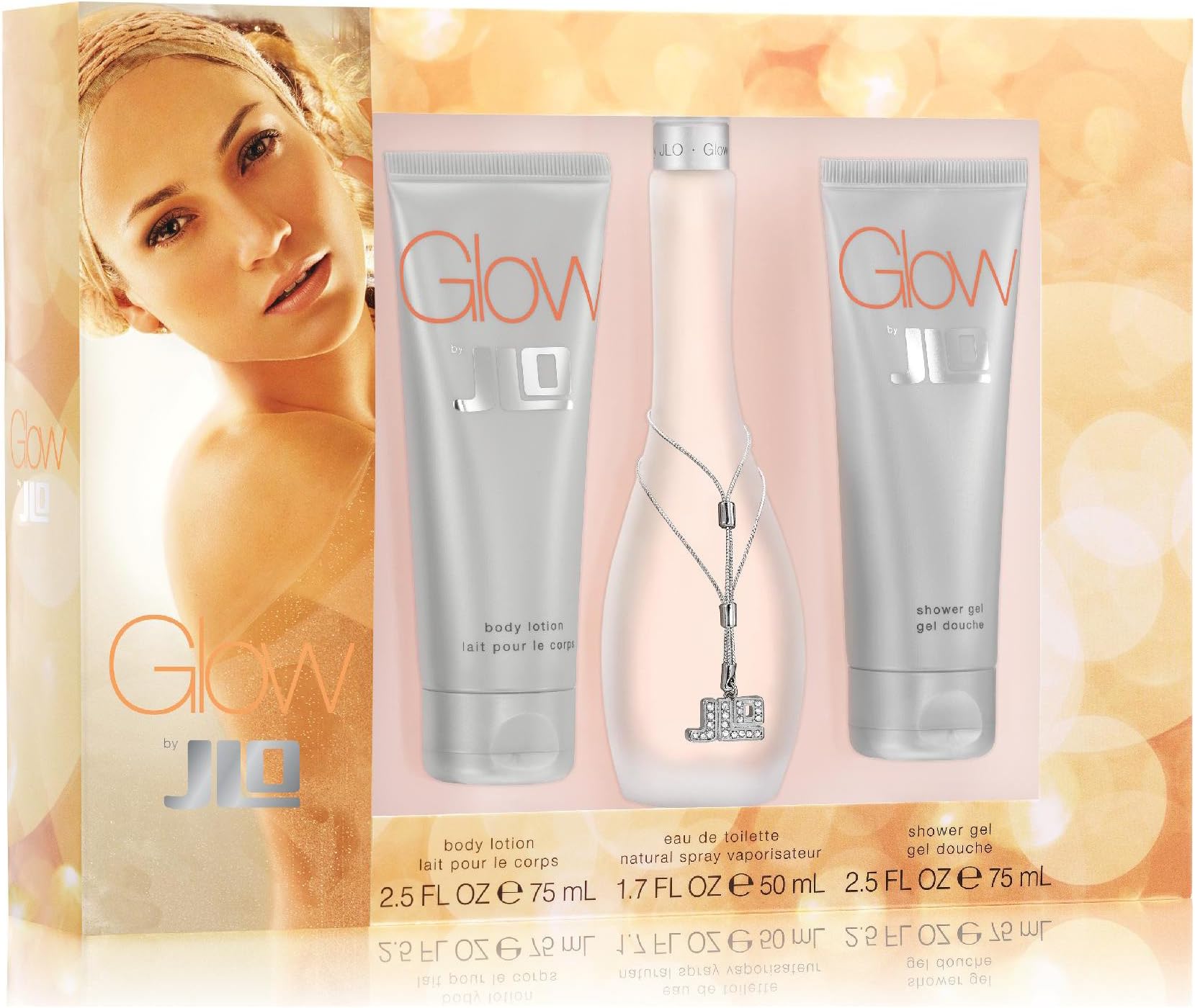 Glow by JLo Set- 2.5 Fl oz body lotion ,Glow 1.7oz eau de toilette natural spray vaporisateur, 2.5 Fl oz Shower Gel, Shower Douche