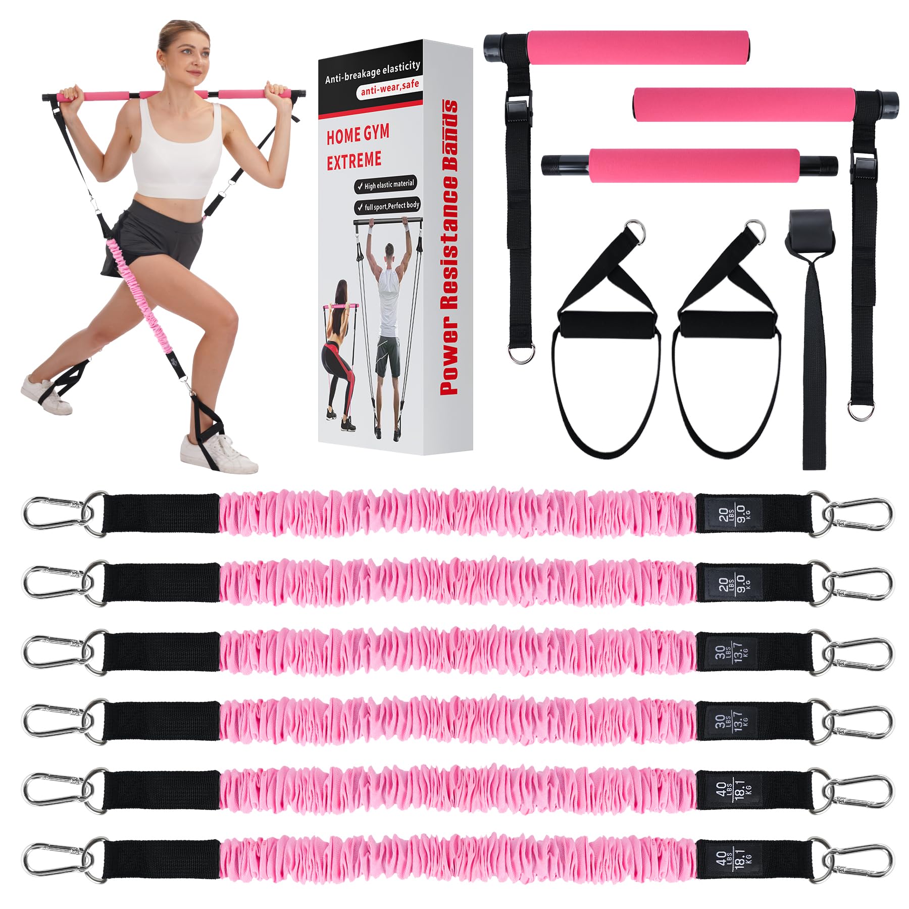 Pilates Bar Kit with Resistance Bands, Exercise Fitness Equipment for Women & Men, Home Gym Workouts，Portable Pilates Bar Kit Resistance Bands for Women Full Body Workouts