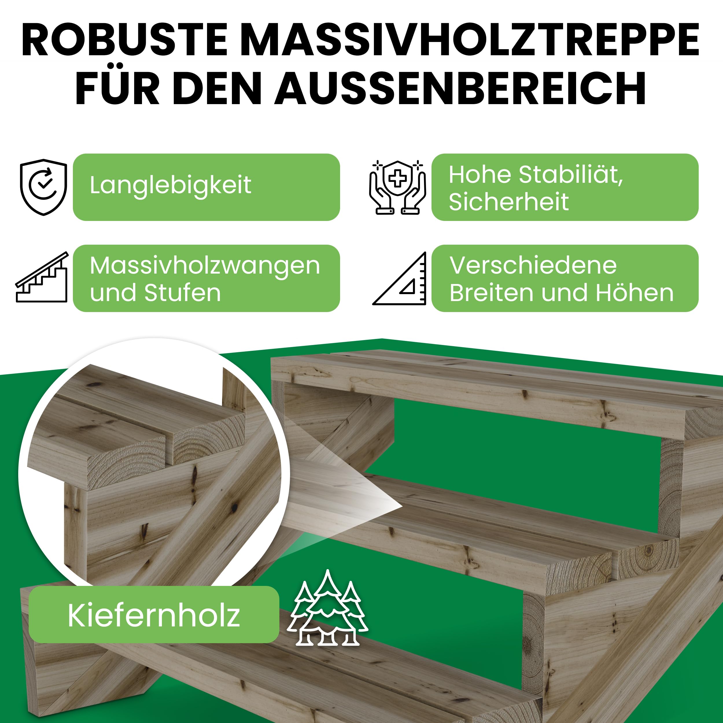 Gartenwelt Riegelsberger Terrassentreppe Breite 95 cm Treppe mit 3 Stufen Gesamthöhe 55 cm Massivholz Kiefer kesseldruckimprägniert Komplett-Set Wangen, Bohlen & Schrauben
