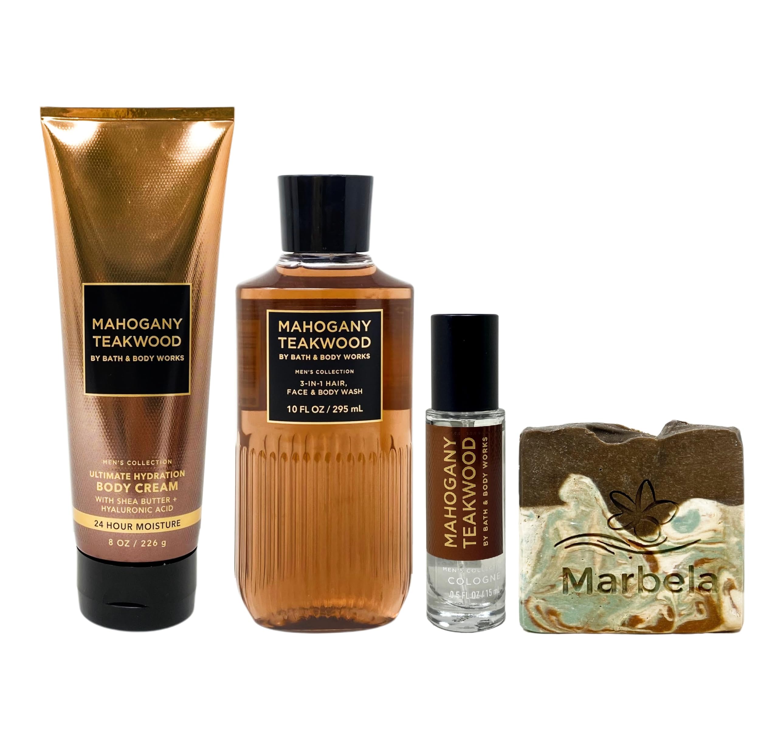 Bath & Body Works Men's Collection Mahogany Teakwood Trio Gift Set Bundle - Body Cream - 3-in-1 Hair, Face & Body Wash and Mini Cologne -with a Cabin