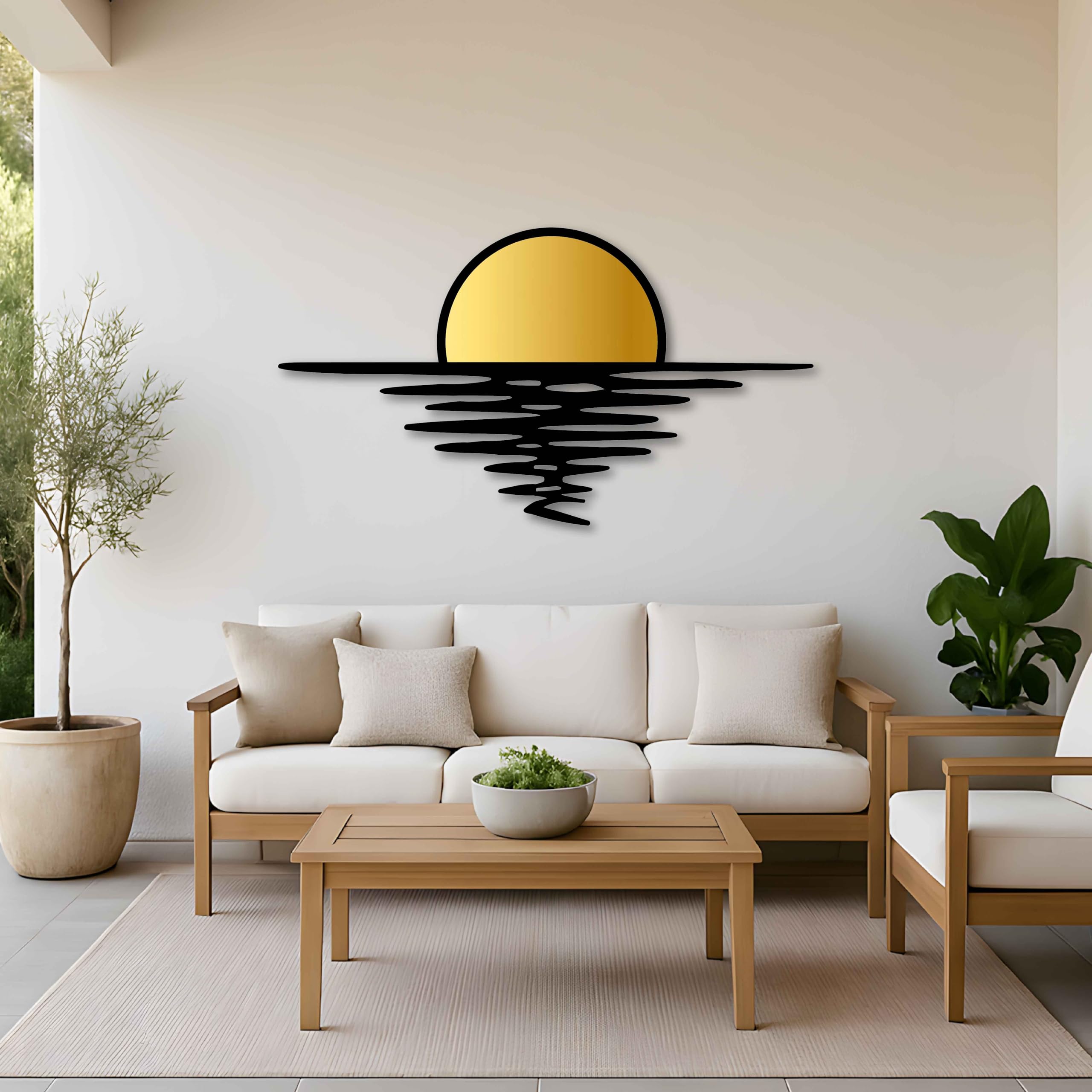 Wandkunst, Motiv: Sonnenuntergang, goldfarben und schwarz, Metall, abstrakter Sonnenaufgang, Heimdekoration, große Metall-Wanddekoration über dem Sofa oder über dem Bett, Hochzeitsgeschenk