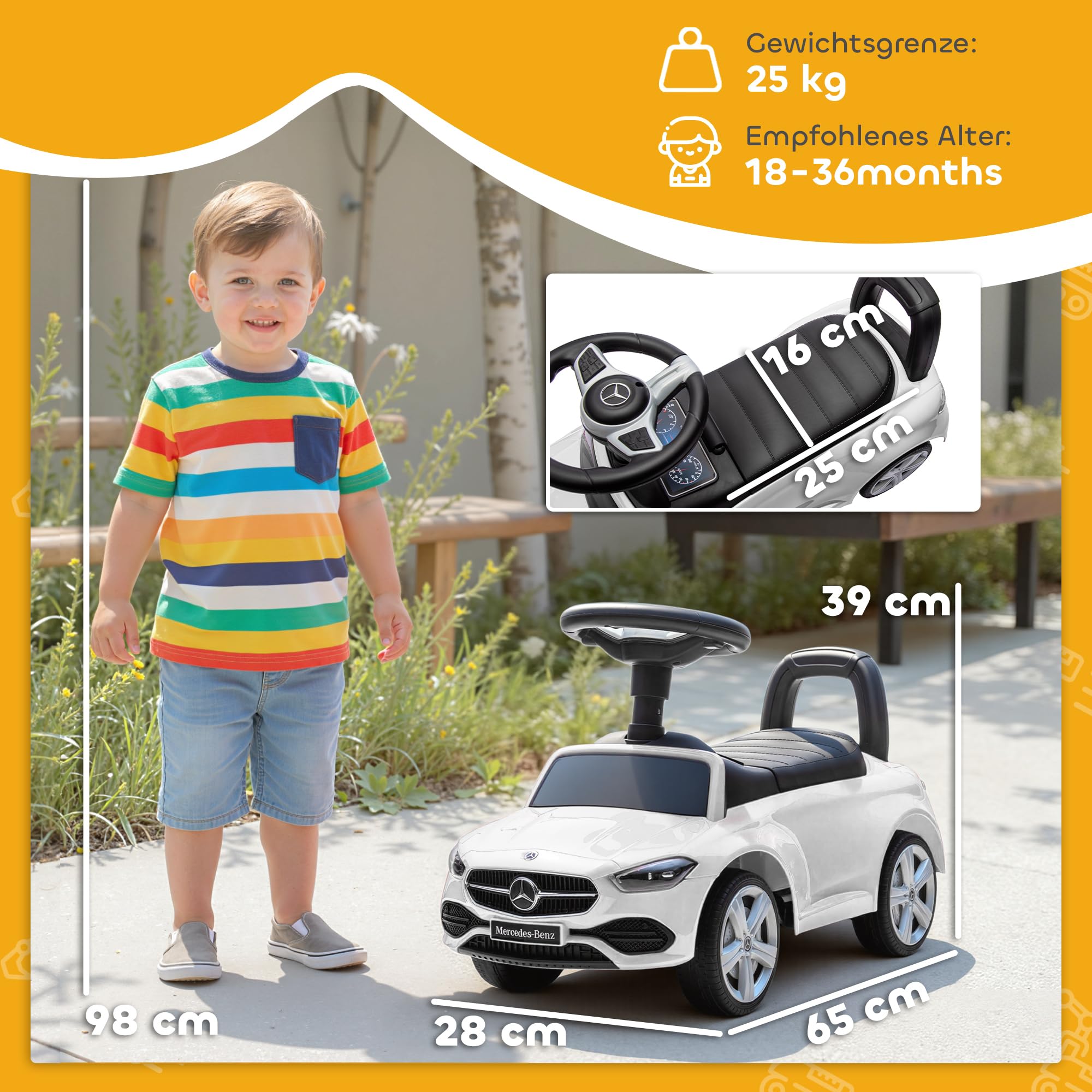AIYAPLAY Mercedes-Benz C-Class Rutschauto, Rutschfahrzeug mit Hupe, Motorgeräuschen, Kinderfahrzeug mit Stauraum unter dem Sitz, für Kinder von 18-36 Monaten, Weiß