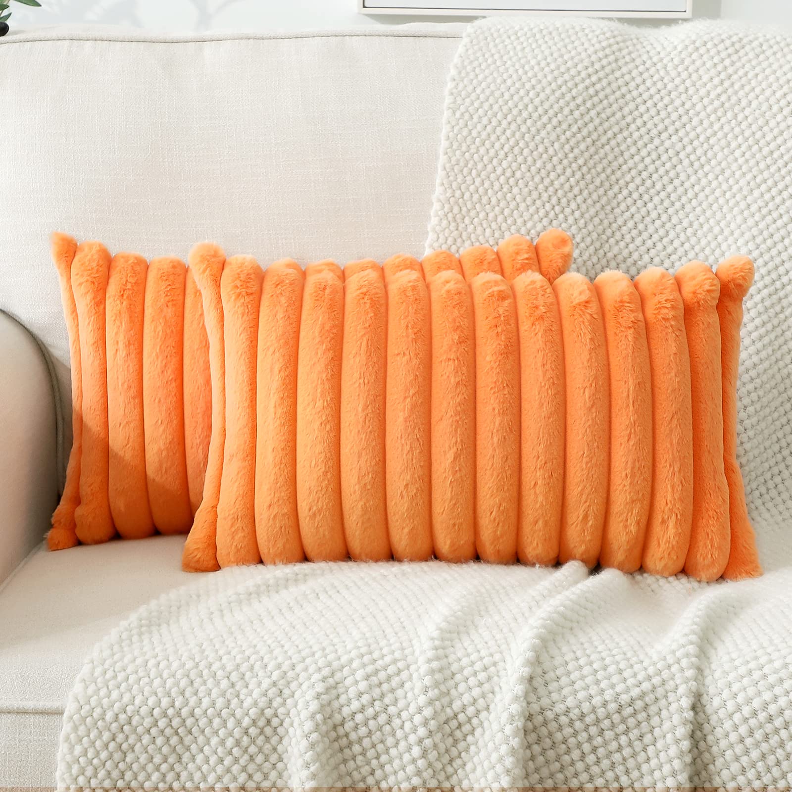 Soleebee Set of 2 Throw Pillow Covers Soft Cozy Velvet Pillowcase Faux Rabbit Fur Cover for Couch Sofa Bed Chair Home Decorative Pillows Cover (12x20 Inch, Orange)