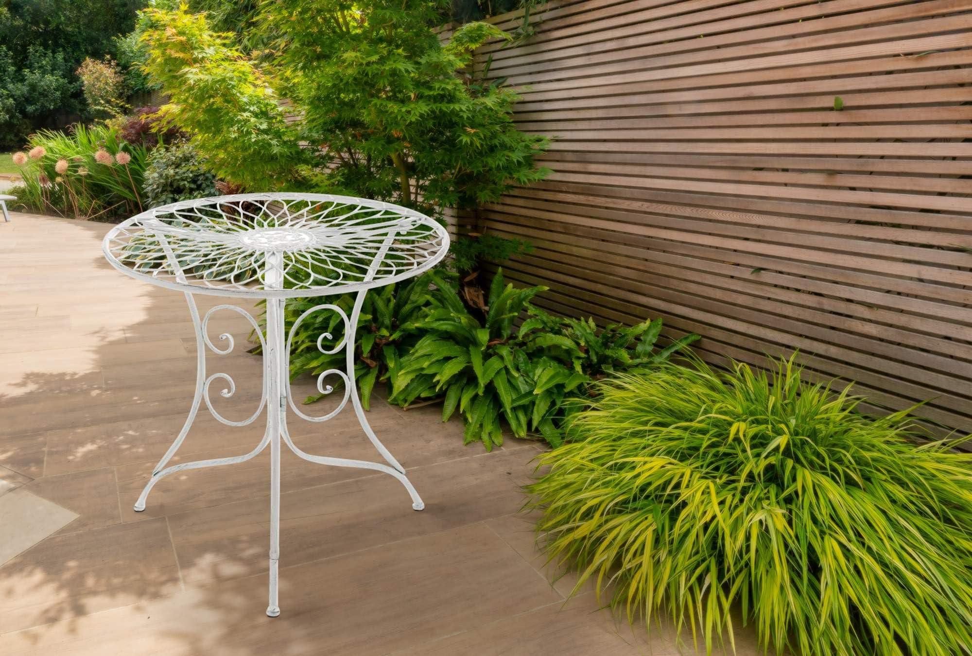 CLP Tavolino Da Esterno Ariano In Ferro I Tavolo Tondo Rustico Da Giardino I Tavolo Da Caffè Shabby I Tavolino Per Salotto Outdoor, Colore:antico bianco