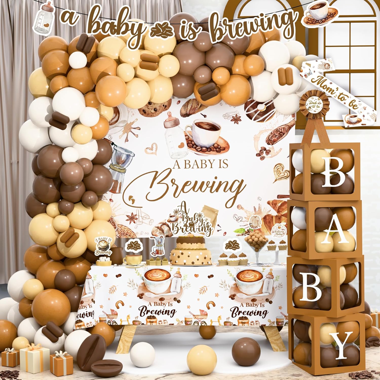 Coffee Themed Baby Shower Decorations A Baby Is Brewing Baby Shower Party Supplies Coffee Bean with Balloon Arch Banner Backdrop Tablecloth Mom&Dad To Be Sash Cake Cupcake Topper Coffee Gender Reveal