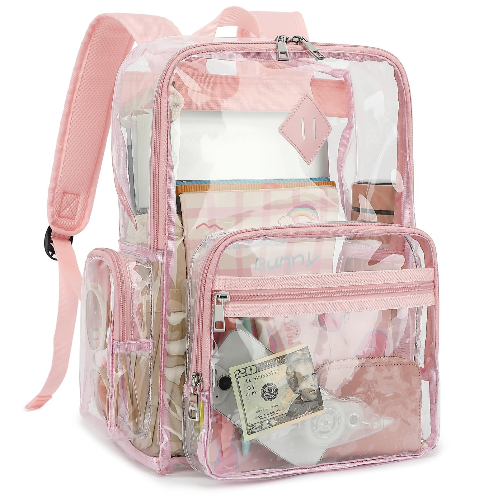 Fuyicat Heavy Duty Clear Backpack for Girls Boys Women Men, PVC Transparent School Backpacks See Through College Bookbag (Light Pink), Large